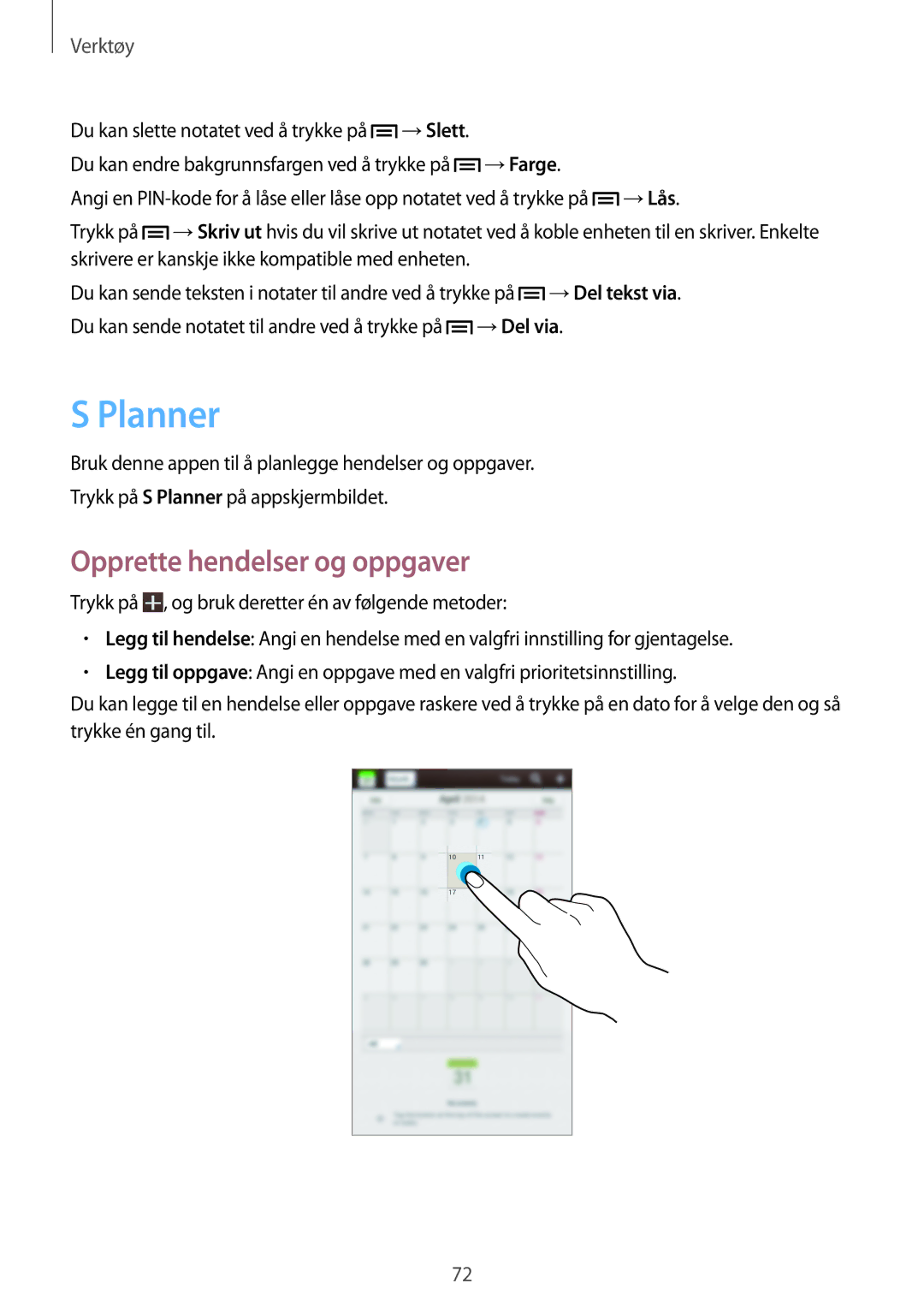 Samsung SM-T2100GRENEE, SM-T2100GNENEE, SM-T2100MKANEE, SM-T2100ZWANEE manual Planner, Opprette hendelser og oppgaver 