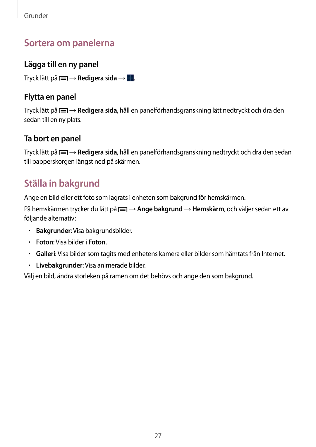 Samsung SM-T2100MKENEE Sortera om panelerna, Ställa in bakgrund, Lägga till en ny panel, Flytta en panel, Ta bort en panel 