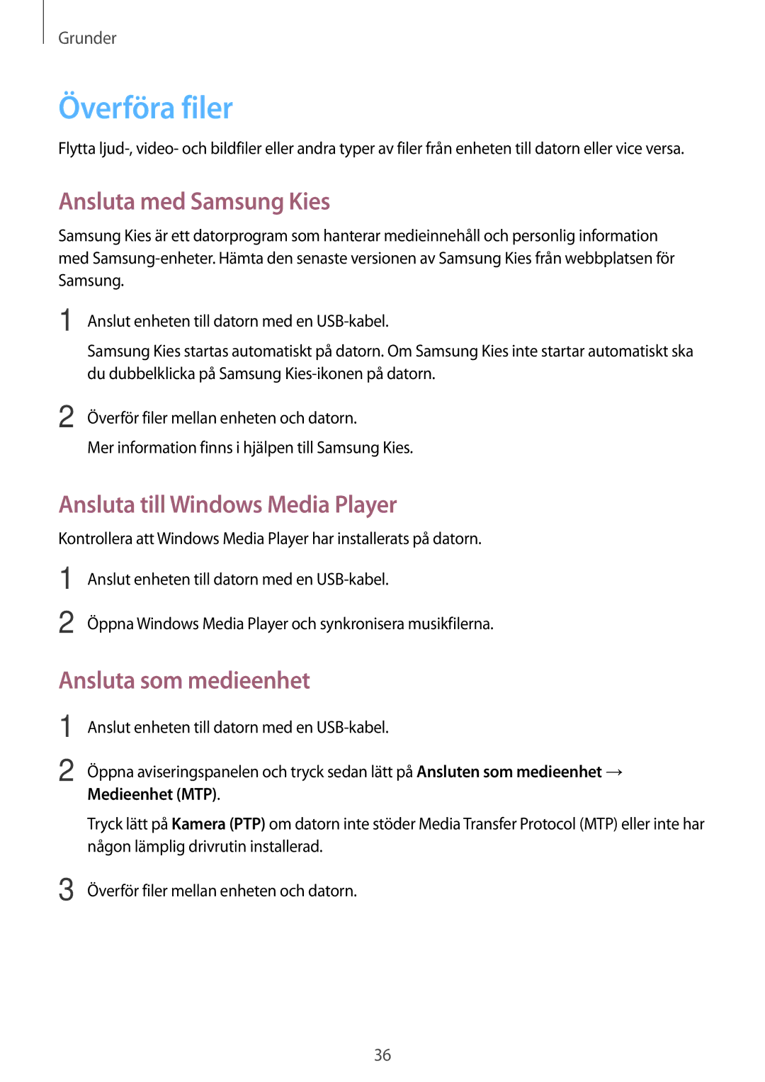 Samsung SM-T2100MKANEE Överföra filer, Ansluta med Samsung Kies, Ansluta till Windows Media Player, Ansluta som medieenhet 
