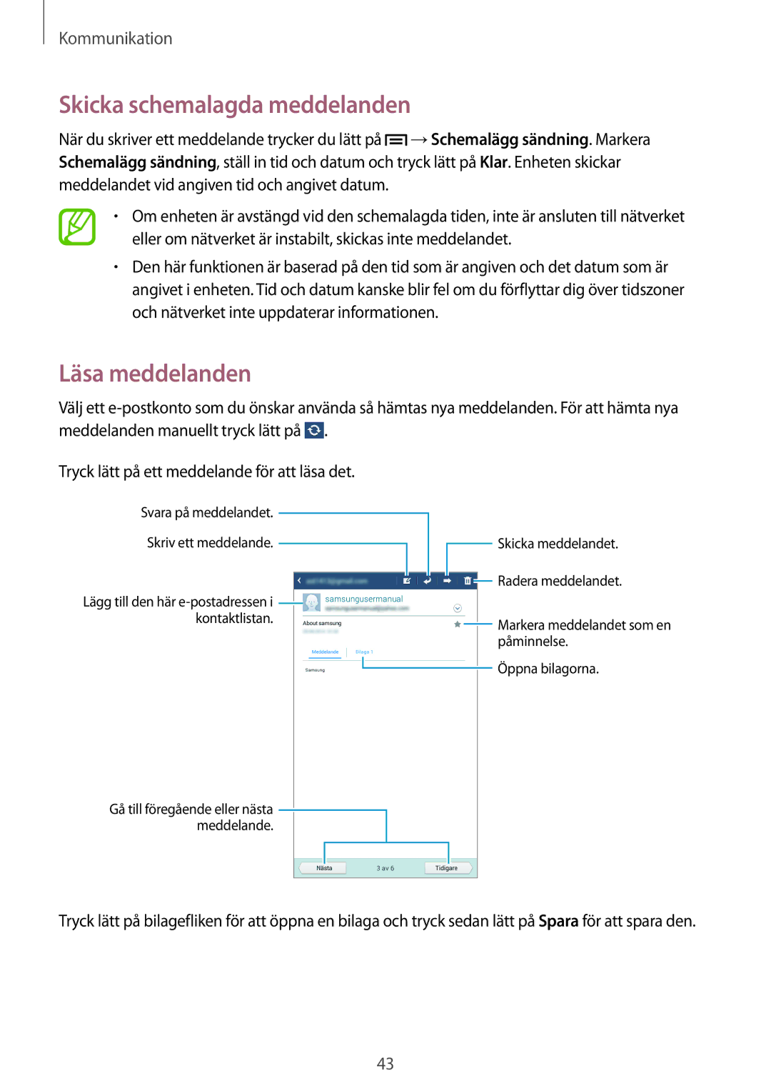 Samsung SM-T2100MKANEE, SM-T2100GNENEE, SM-T2100GRENEE, SM-T2100ZWANEE manual Skicka schemalagda meddelanden, Läsa meddelanden 