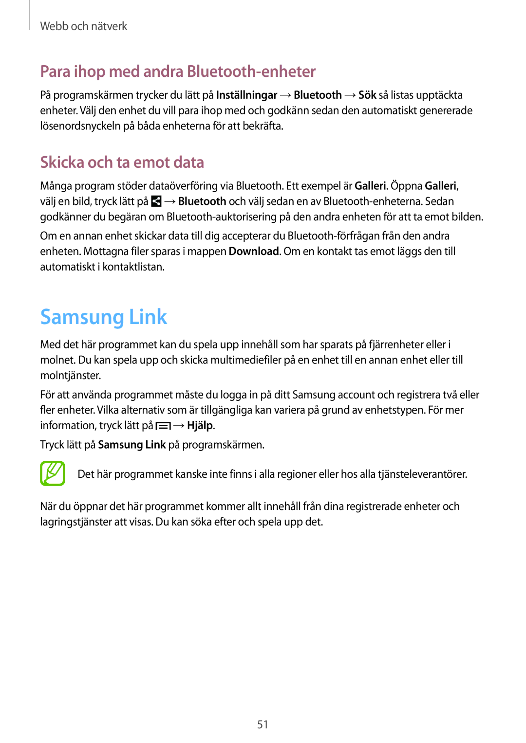 Samsung SM-T2100GRENEE, SM-T2100GNENEE manual Samsung Link, Para ihop med andra Bluetooth-enheter, Skicka och ta emot data 