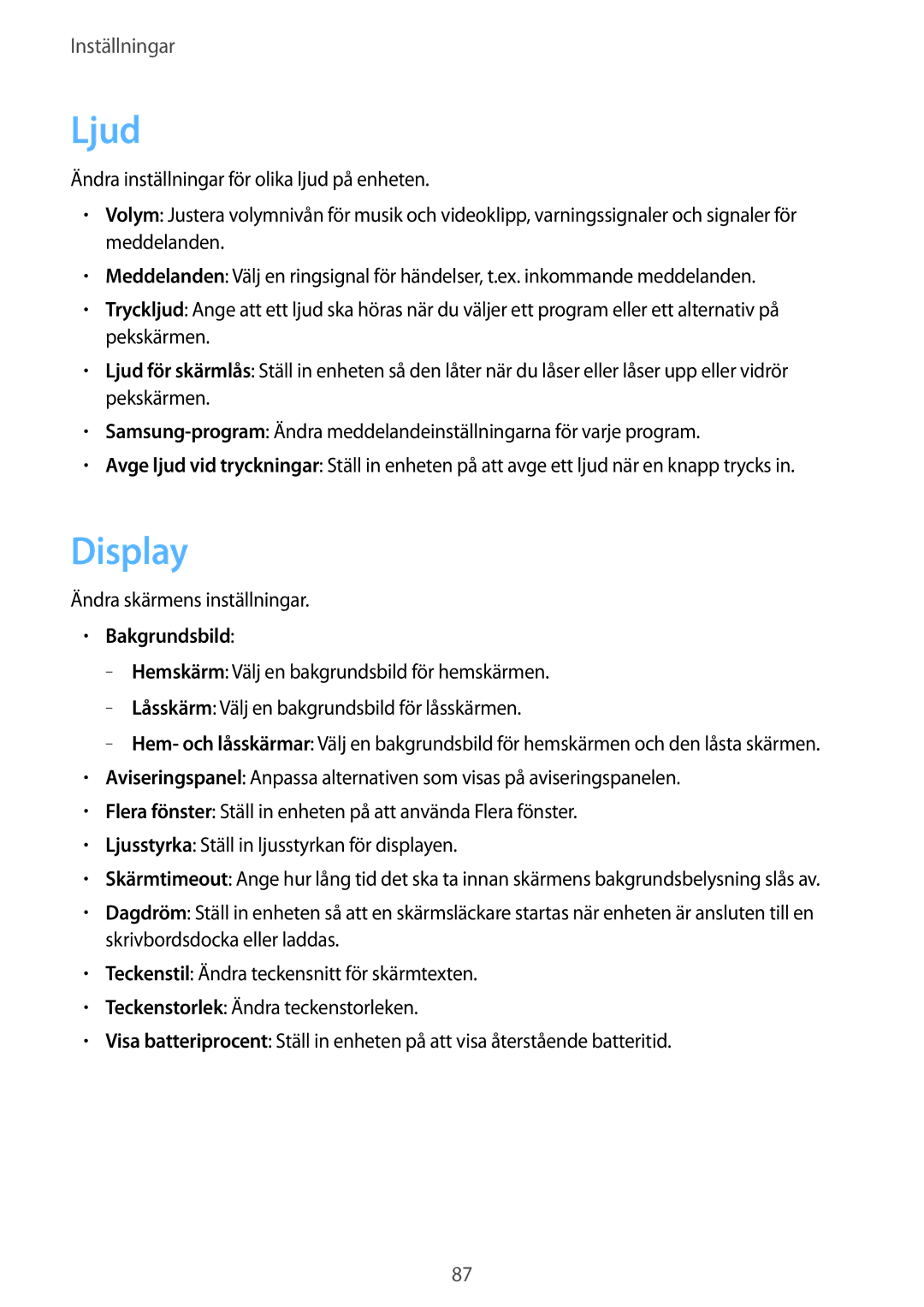 Samsung SM-T2100ZWANEE, SM-T2100GNENEE, SM-T2100MKANEE, SM-T2100GRENEE, SM-T2100ZWENEE manual Ljud, Display, Bakgrundsbild 