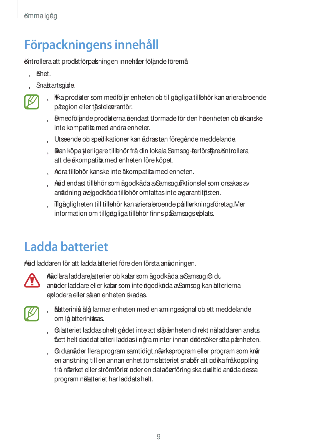 Samsung SM-T2100GRENEE, SM-T2100GNENEE, SM-T2100MKANEE, SM-T2100ZWANEE manual Förpackningens innehåll, Ladda batteriet 