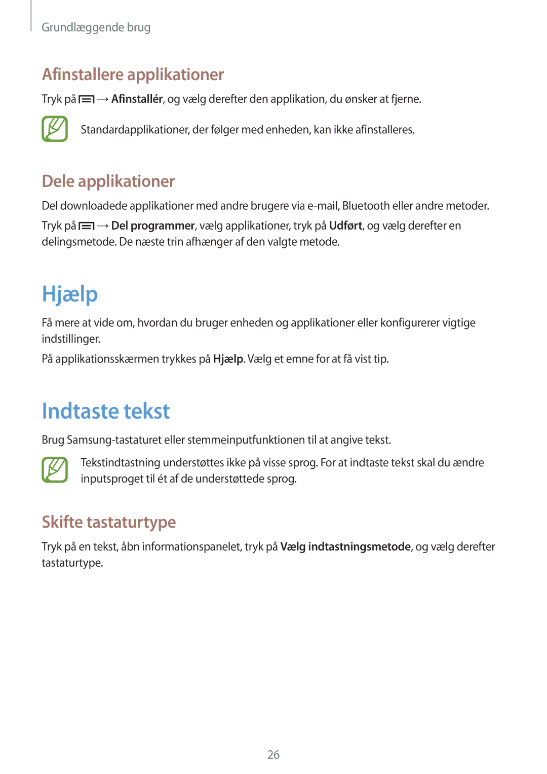 Samsung SM-T2100GNANEE manual Hjælp, Indtaste tekst, Afinstallere applikationer, Dele applikationer, Skifte tastaturtype 