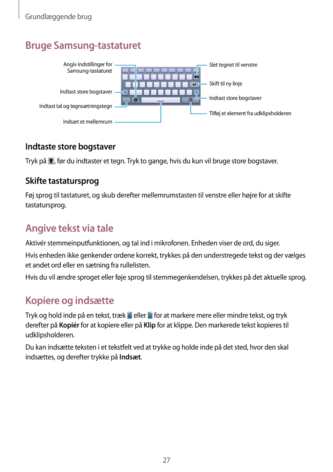 Samsung SM-T2100MKENEE Bruge Samsung-tastaturet, Angive tekst via tale, Kopiere og indsætte, Indtaste store bogstaver 