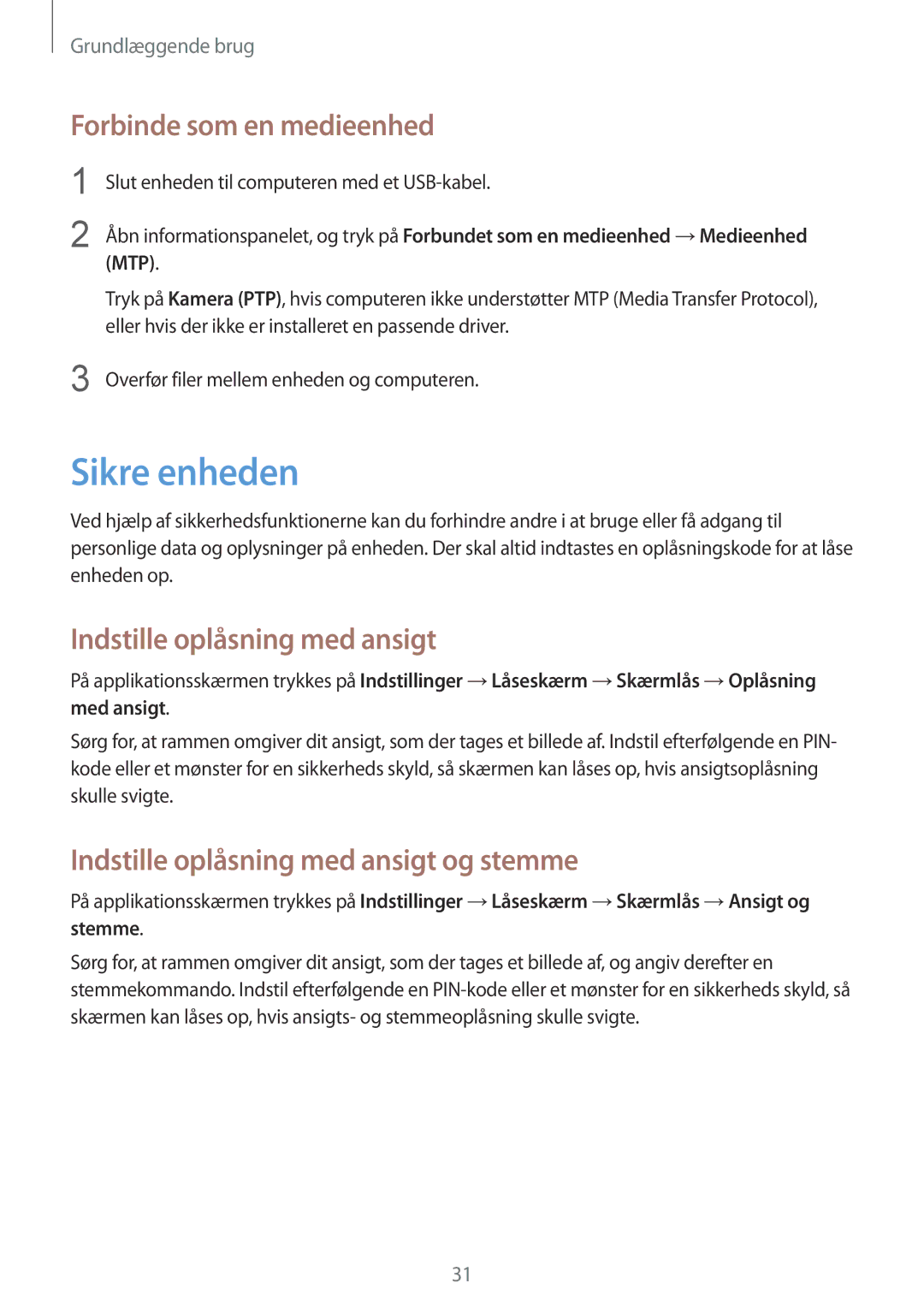 Samsung SM-T2100ZWANEE, SM-T2100GNENEE manual Sikre enheden, Forbinde som en medieenhed, Indstille oplåsning med ansigt 