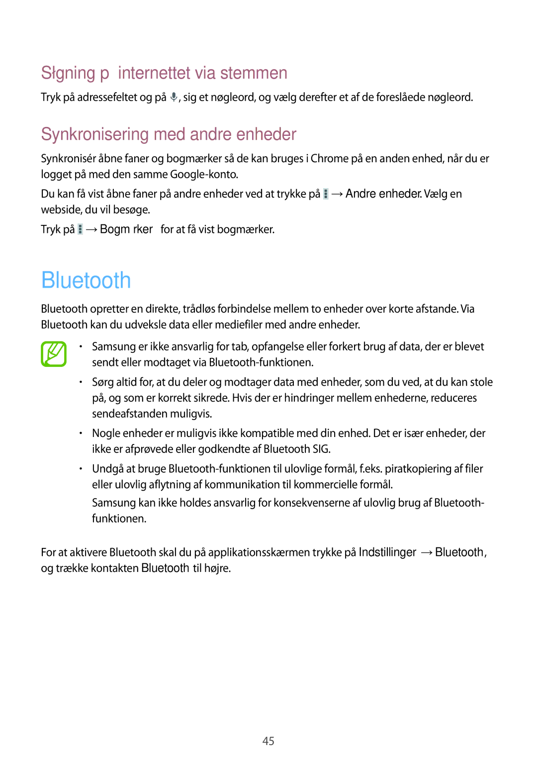 Samsung SM-T2100ZWANEE, SM-T2100GNENEE, SM-T2100MKANEE, SM-T2100GRENEE manual Bluetooth, Synkronisering med andre enheder 