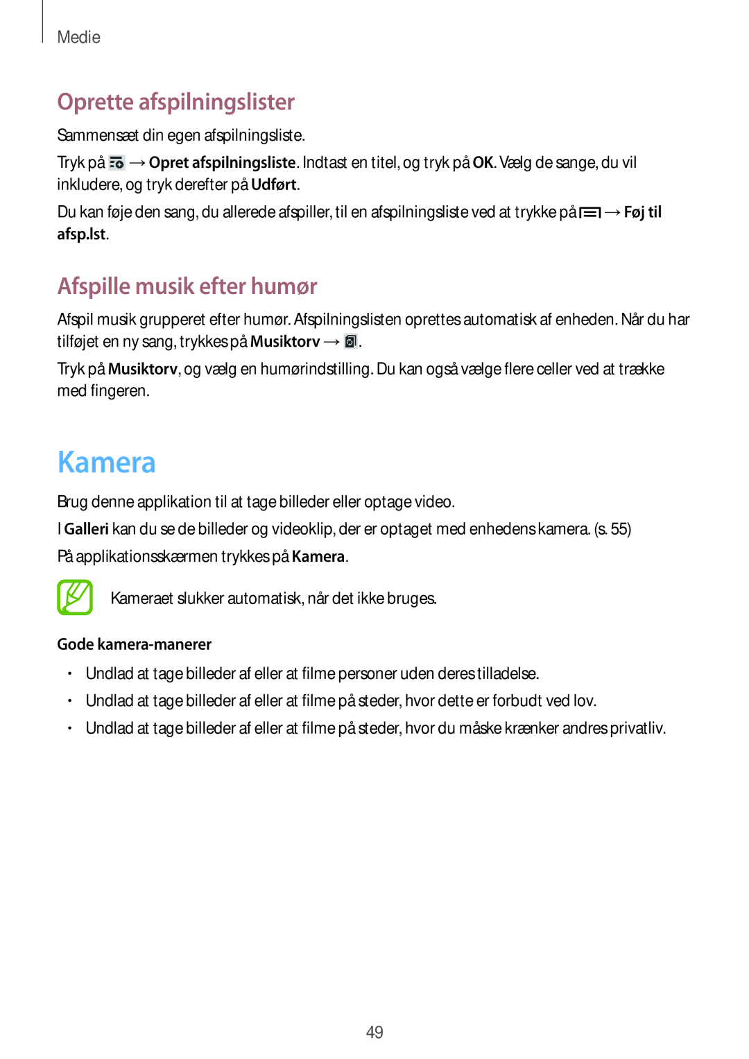 Samsung SM-T2100GNENEE manual Kamera, Oprette afspilningslister, Afspille musik efter humør, Afsp.lst, Gode kamera-manerer 