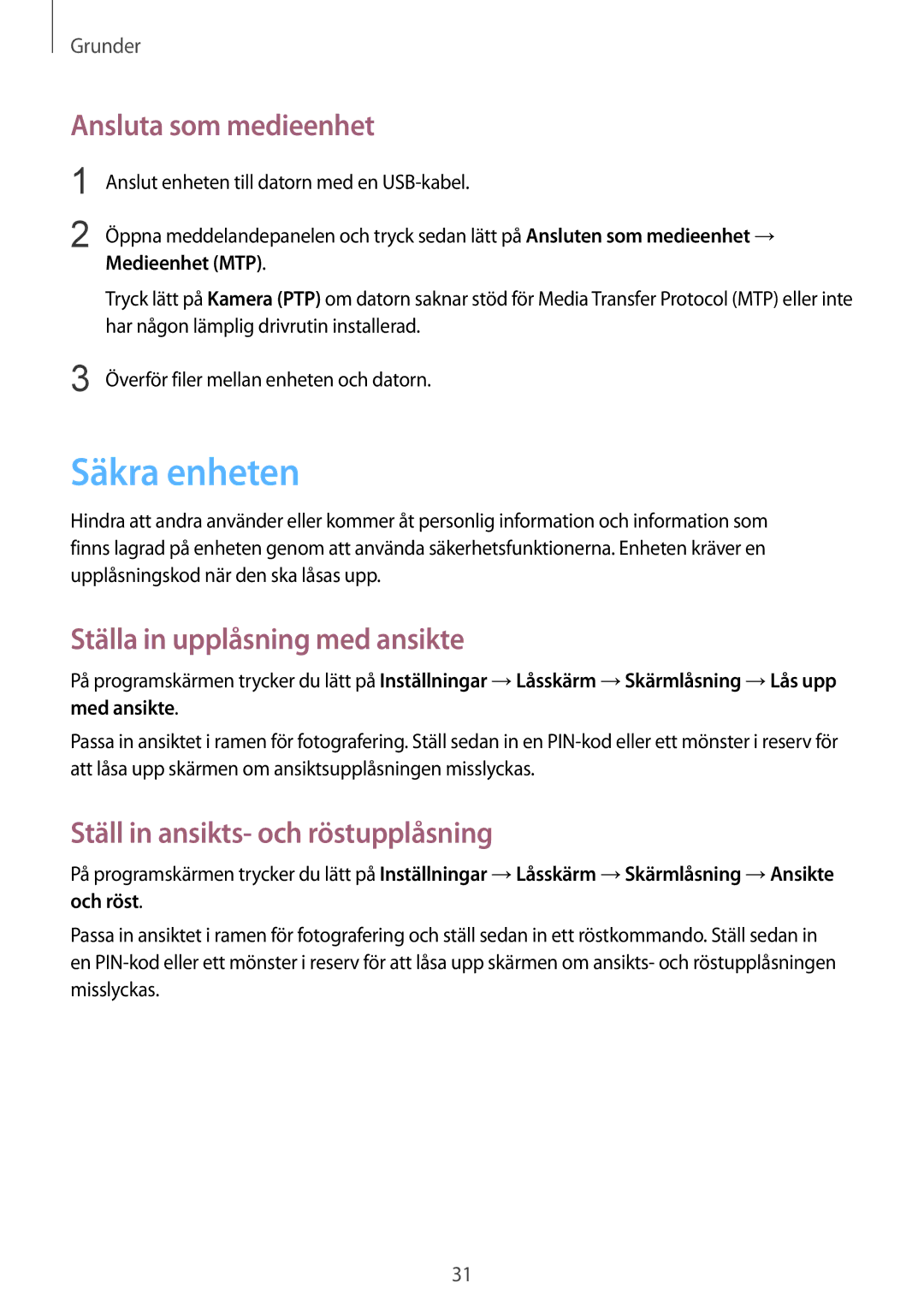 Samsung SM-T2100ZWANEE manual Säkra enheten, Ansluta som medieenhet, Ställa in upplåsning med ansikte, Medieenhet MTP 