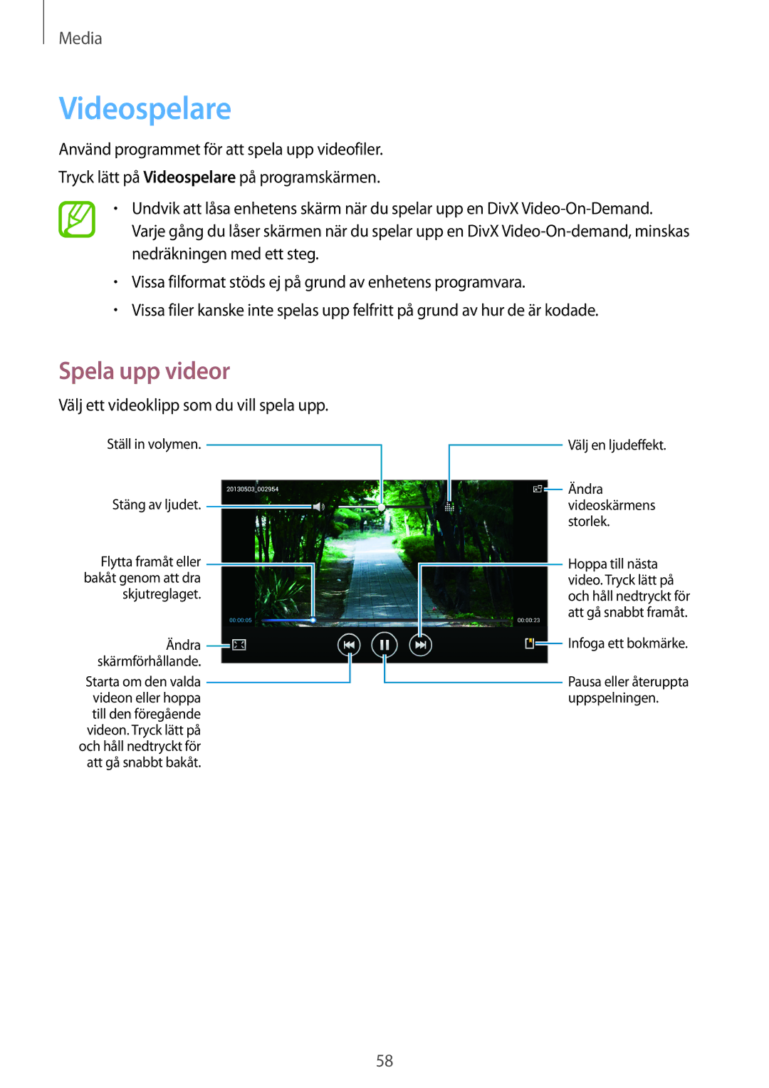 Samsung SM-T2100GRENEE, SM-T2100GNENEE, SM-T2100MKANEE manual Videospelare, Välj ett videoklipp som du vill spela upp 