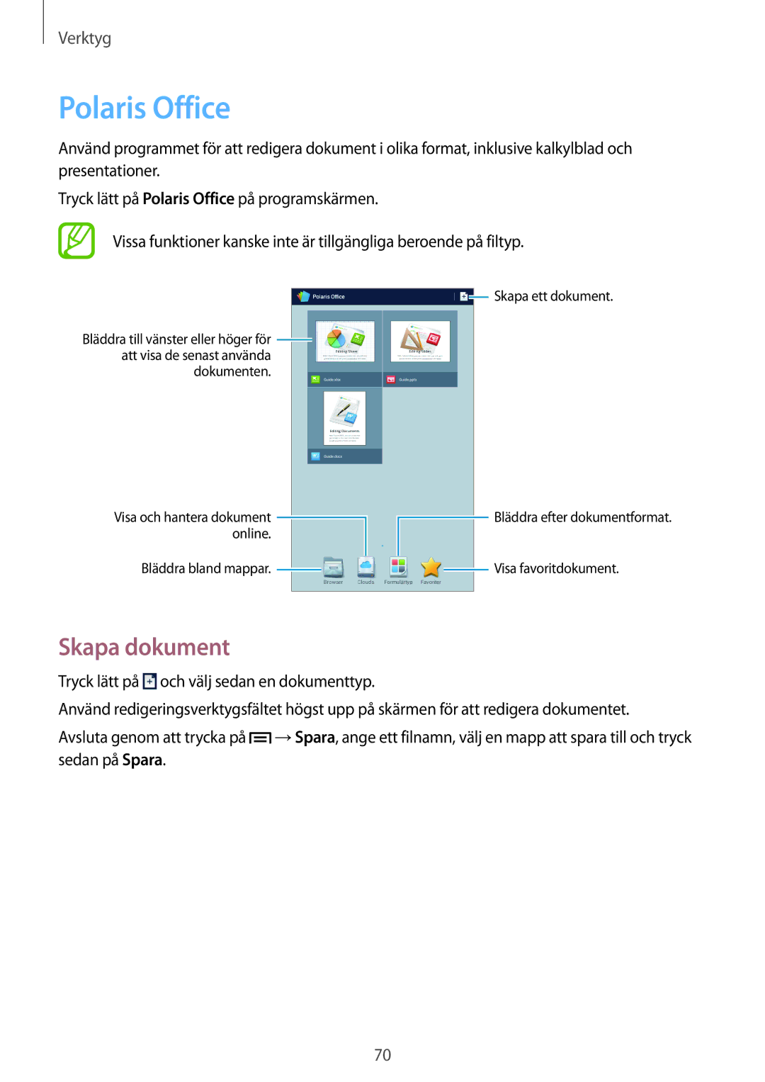Samsung SM-T2100GNENEE, SM-T2100MKANEE, SM-T2100GRENEE, SM-T2100ZWANEE, SM-T2100ZWENEE manual Polaris Office, Skapa dokument 