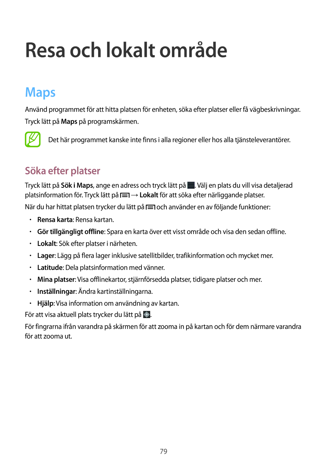 Samsung SM-T2100GRENEE, SM-T2100GNENEE, SM-T2100MKANEE, SM-T2100ZWANEE manual Resa och lokalt område, Maps, Söka efter platser 