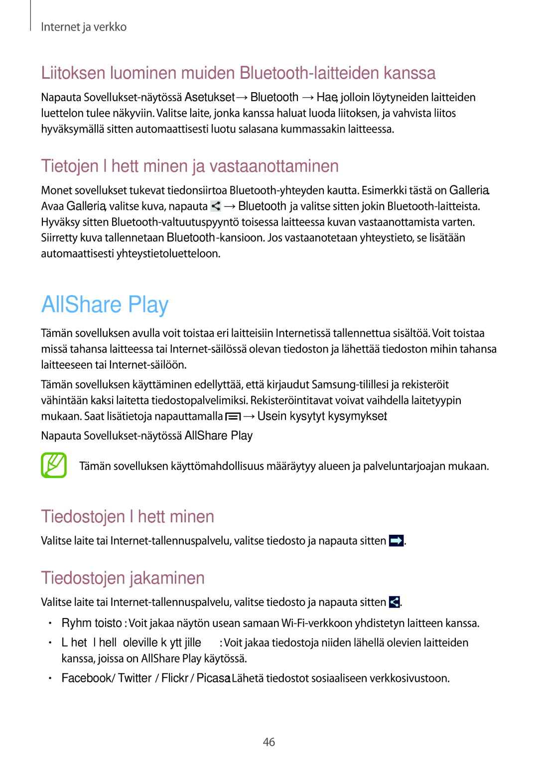 Samsung SM-T2100ZWENEE AllShare Play, Liitoksen luominen muiden Bluetooth-laitteiden kanssa, Tiedostojen lähettäminen 