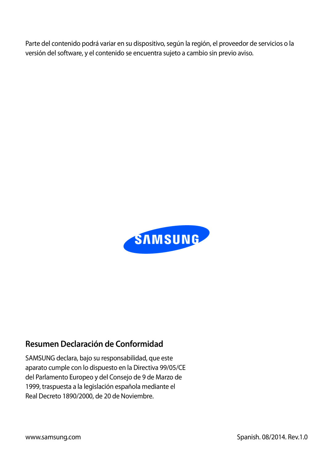 Samsung SM-T2100ZWATPH, SM-T2100MKADBT, SM-T2100ZWAXEO, SM-T2100MKATPH, SM-T2100ZWAXET Resumen Declaración de Conformidad 