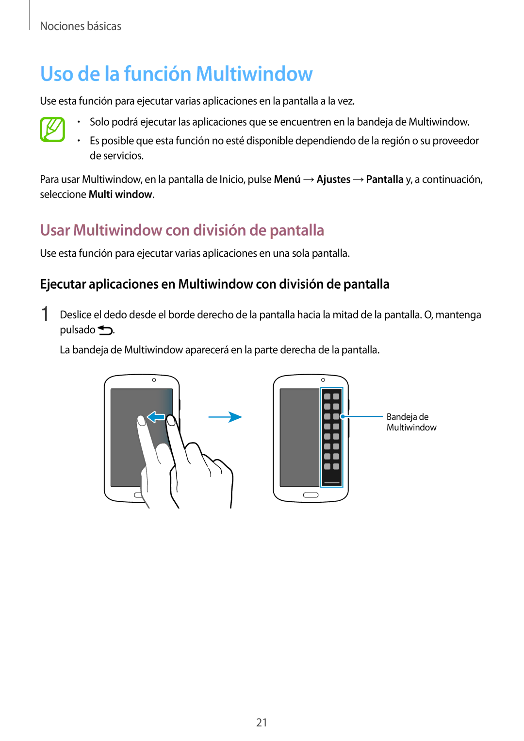 Samsung SM-T2100ZWAXEO, SM-T2100MKADBT manual Uso de la función Multiwindow, Usar Multiwindow con división de pantalla 