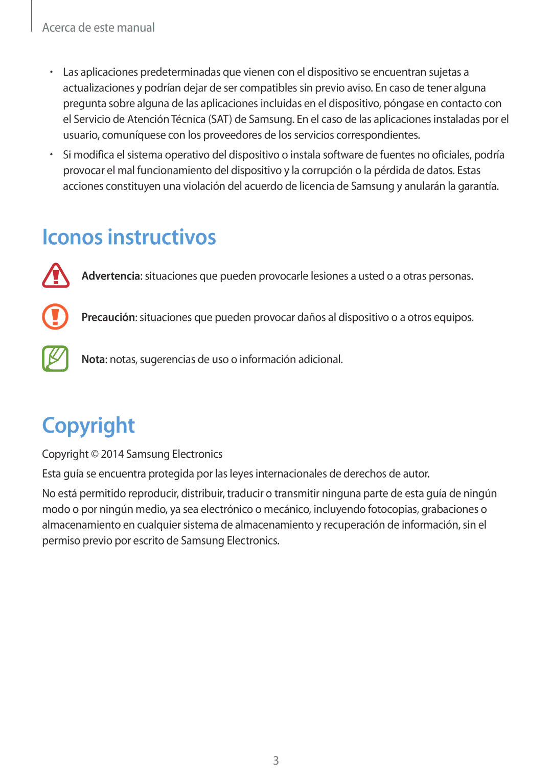 Samsung SM-T2100MKATPH, SM-T2100MKADBT, SM-T2100ZWAXEO, SM-T2100ZWATPH, SM-T2100ZWAXET manual Iconos instructivos, Copyright 