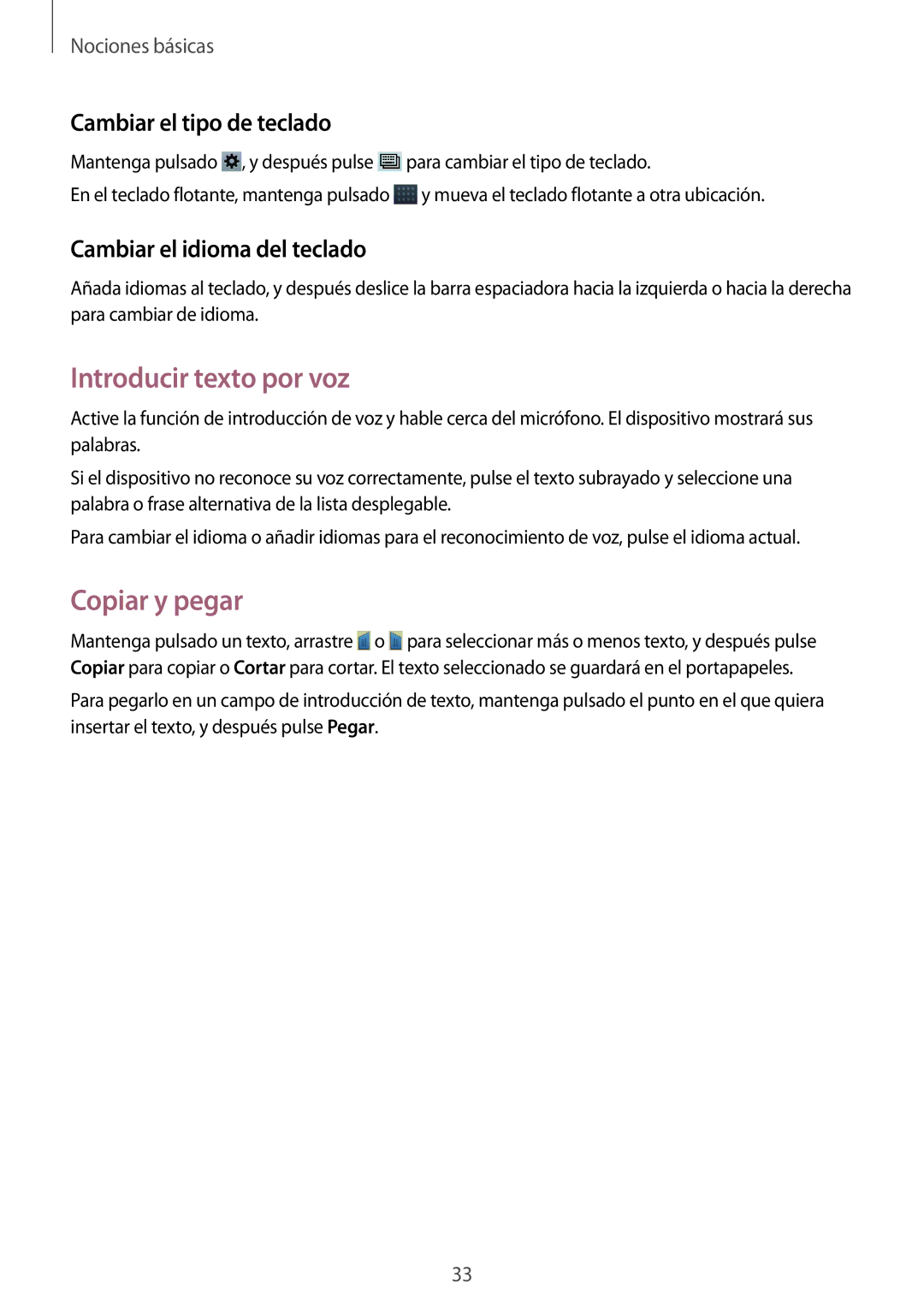 Samsung SM-T2100MKATPH Introducir texto por voz, Copiar y pegar, Cambiar el tipo de teclado, Cambiar el idioma del teclado 