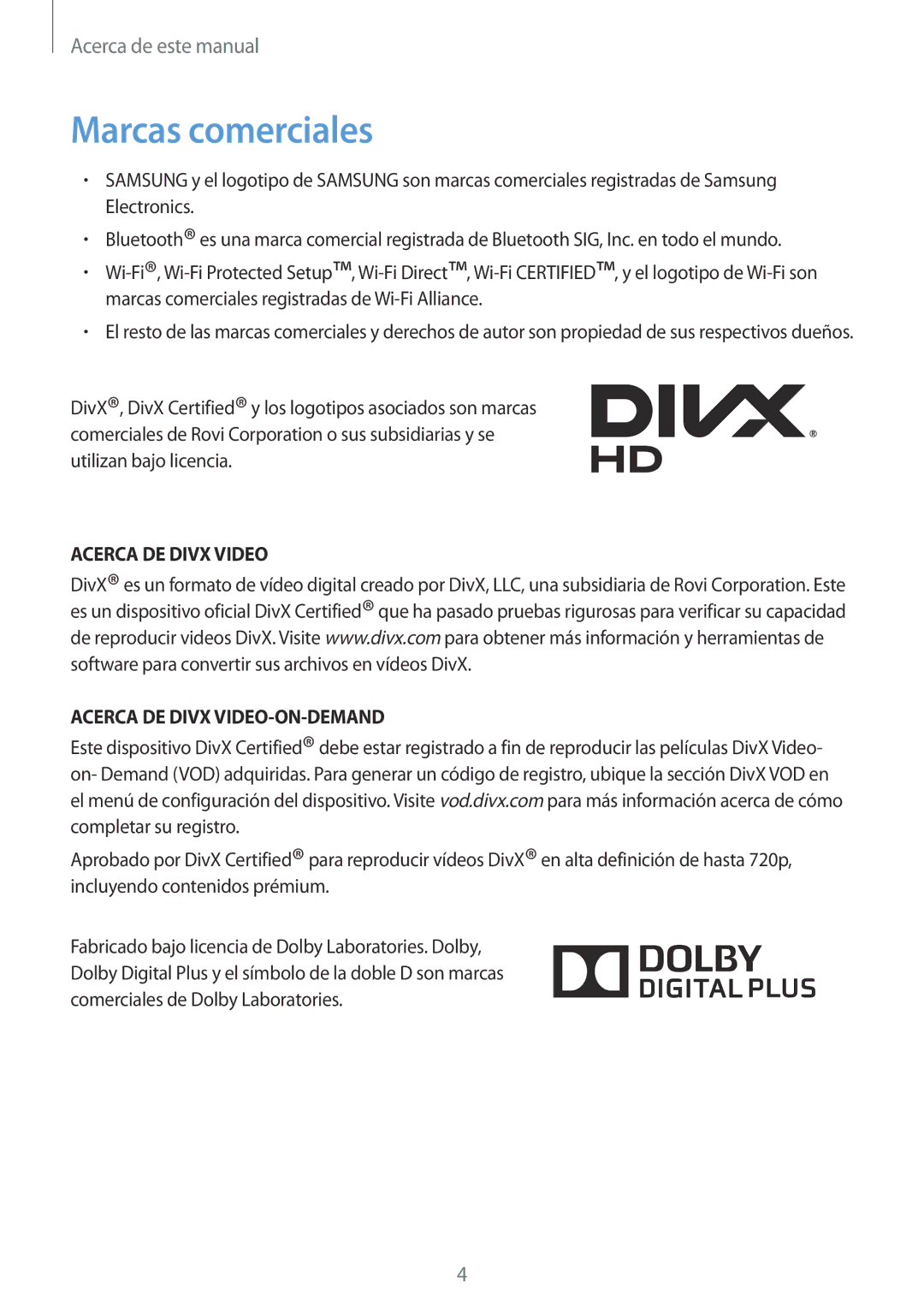 Samsung SM-T2100ZWAXET, SM-T2100MKADBT manual Marcas comerciales, Acerca DE Divx Video Acerca DE Divx VIDEO-ON-DEMAND 