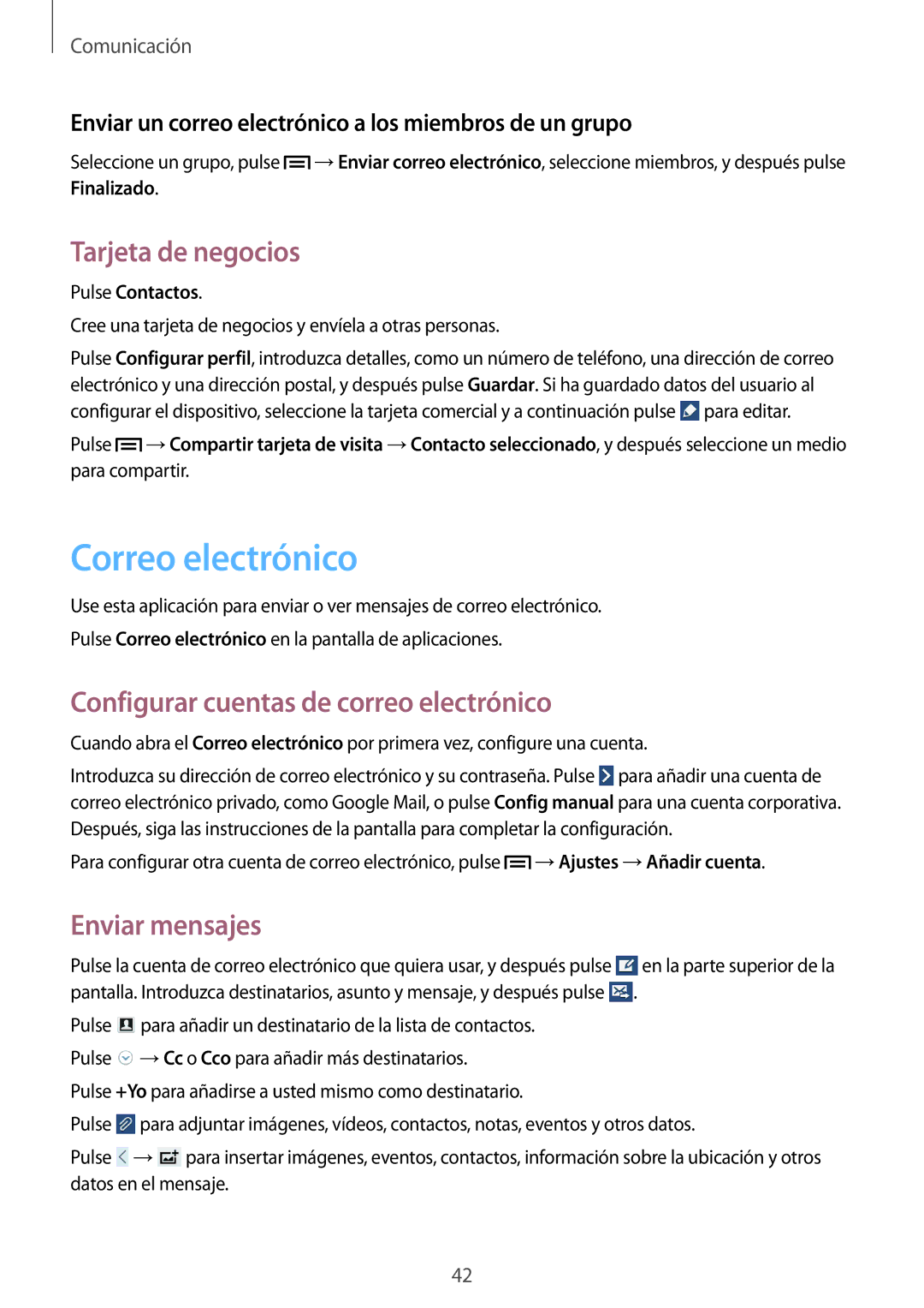 Samsung SM-T2100ZWATPH Correo electrónico, Tarjeta de negocios, Configurar cuentas de correo electrónico, Enviar mensajes 