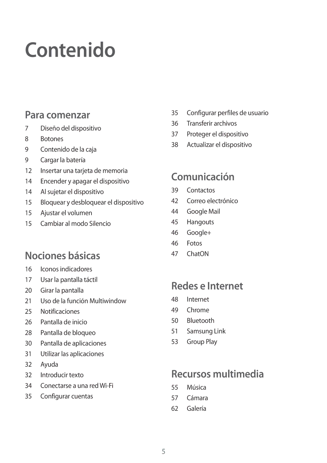 Samsung SM-T2100ZWAITV, SM-T2100MKADBT, SM-T2100ZWAXEO, SM-T2100ZWATPH, SM-T2100MKATPH manual Contenido, Para comenzar 