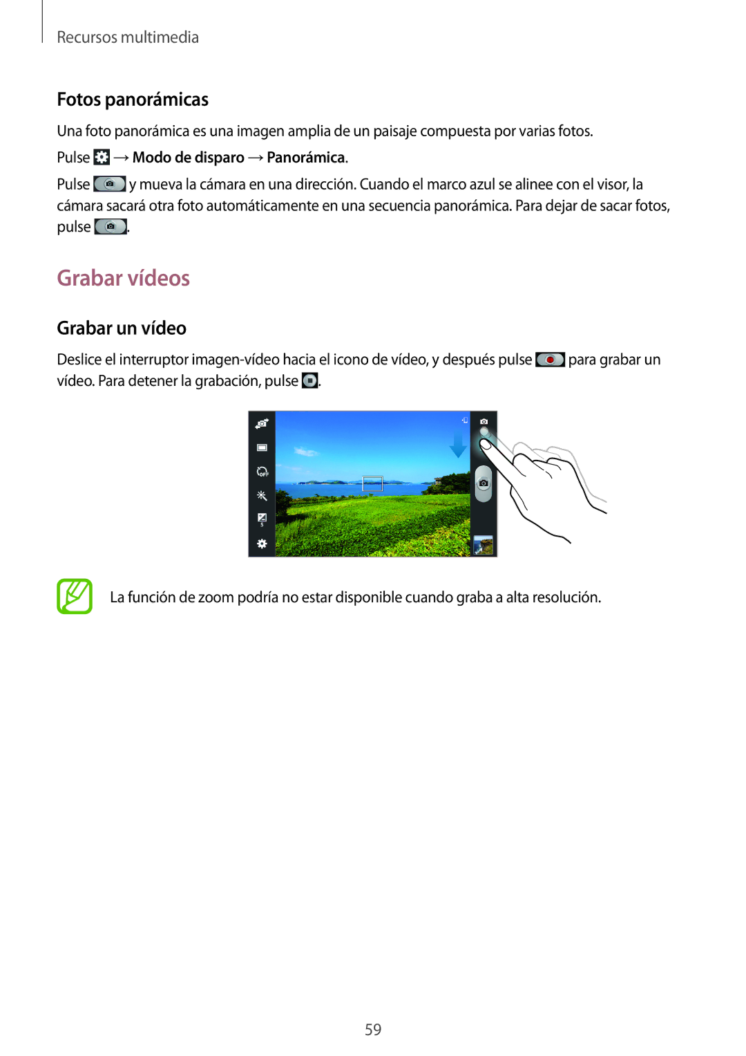 Samsung SM-T2100ZWAPHE manual Grabar vídeos, Fotos panorámicas, Grabar un vídeo, Pulse →Modo de disparo →Panorámica 