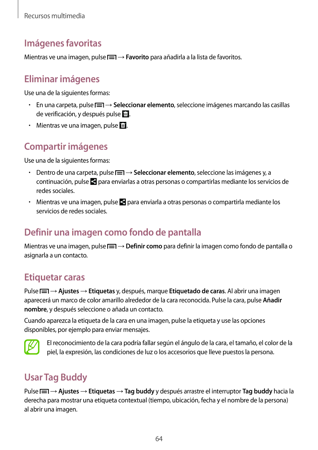 Samsung SM-T2100ZWAXET manual Imágenes favoritas, Eliminar imágenes, Compartir imágenes, Etiquetar caras, Usar Tag Buddy 