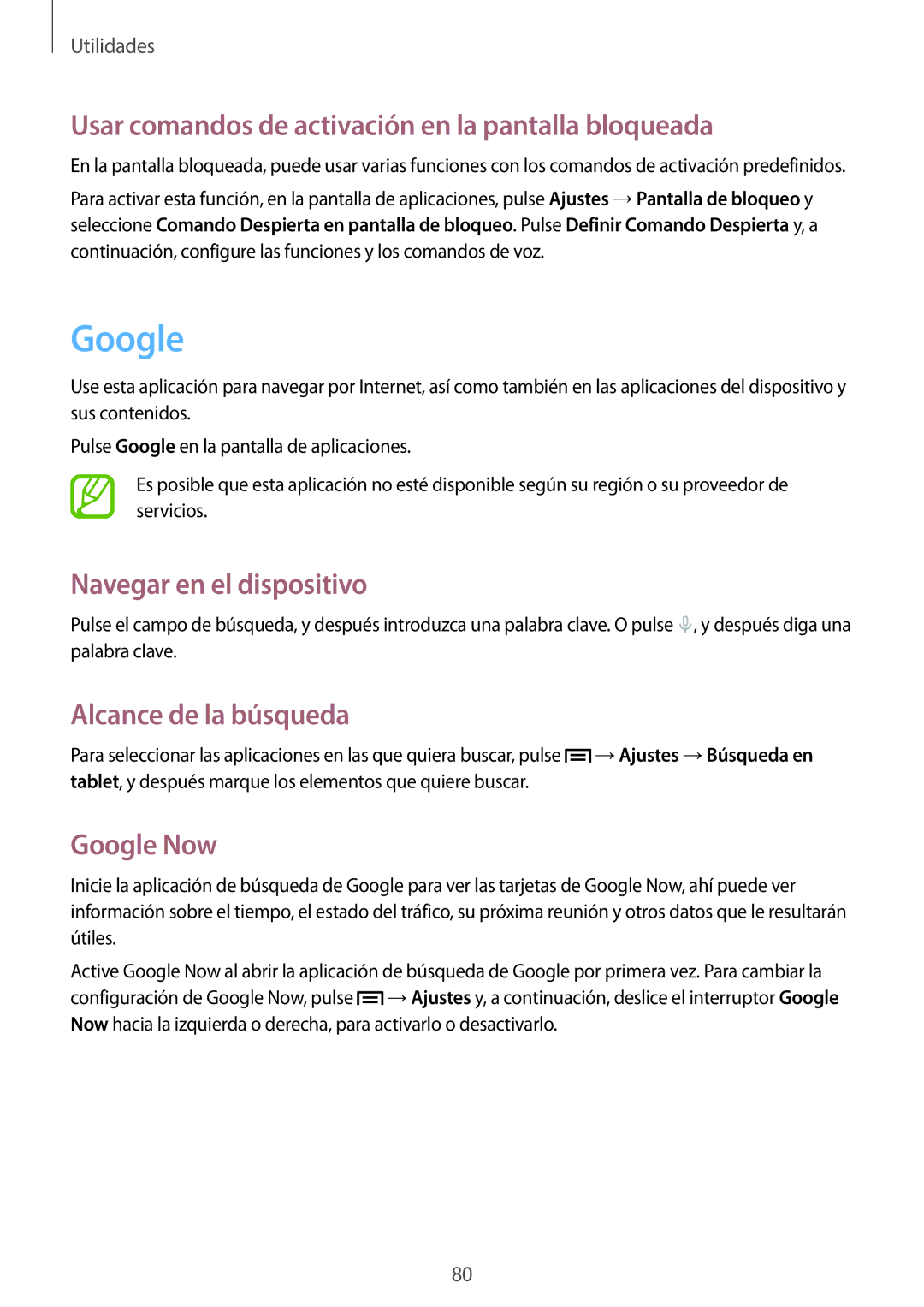 Samsung SM-T2100MKADBT Usar comandos de activación en la pantalla bloqueada, Navegar en el dispositivo, Google Now 