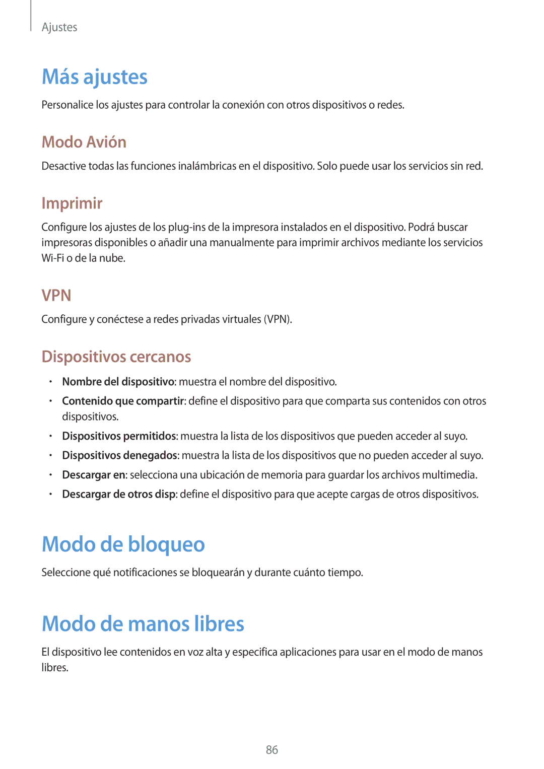 Samsung SM-T2100MKAPHE, SM-T2100MKADBT, SM-T2100ZWAXEO, SM-T2100ZWATPH Más ajustes, Modo de bloqueo, Modo de manos libres 