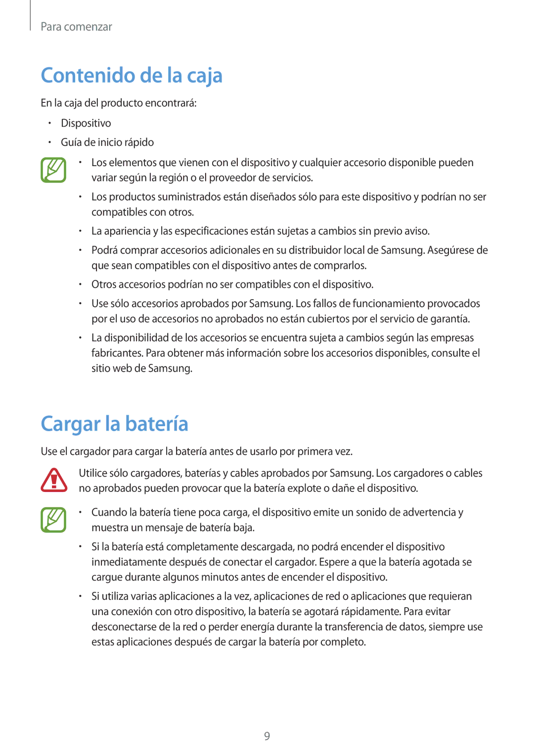 Samsung SM-T2100ZWAPHE, SM-T2100MKADBT, SM-T2100ZWAXEO, SM-T2100ZWATPH manual Contenido de la caja, Cargar la batería 