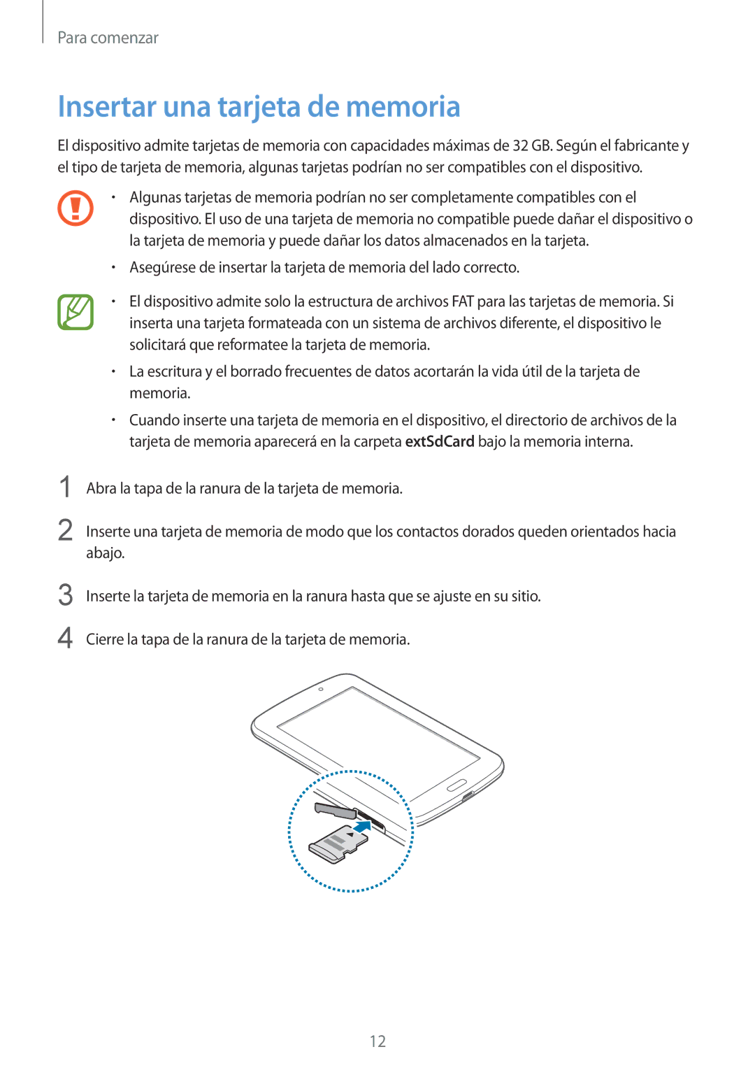 Samsung SM-T2100ZWATPH, SM-T2100MKADBT, SM-T2100ZWAXEO, SM-T2100MKATPH, SM-T2100ZWAXET manual Insertar una tarjeta de memoria 