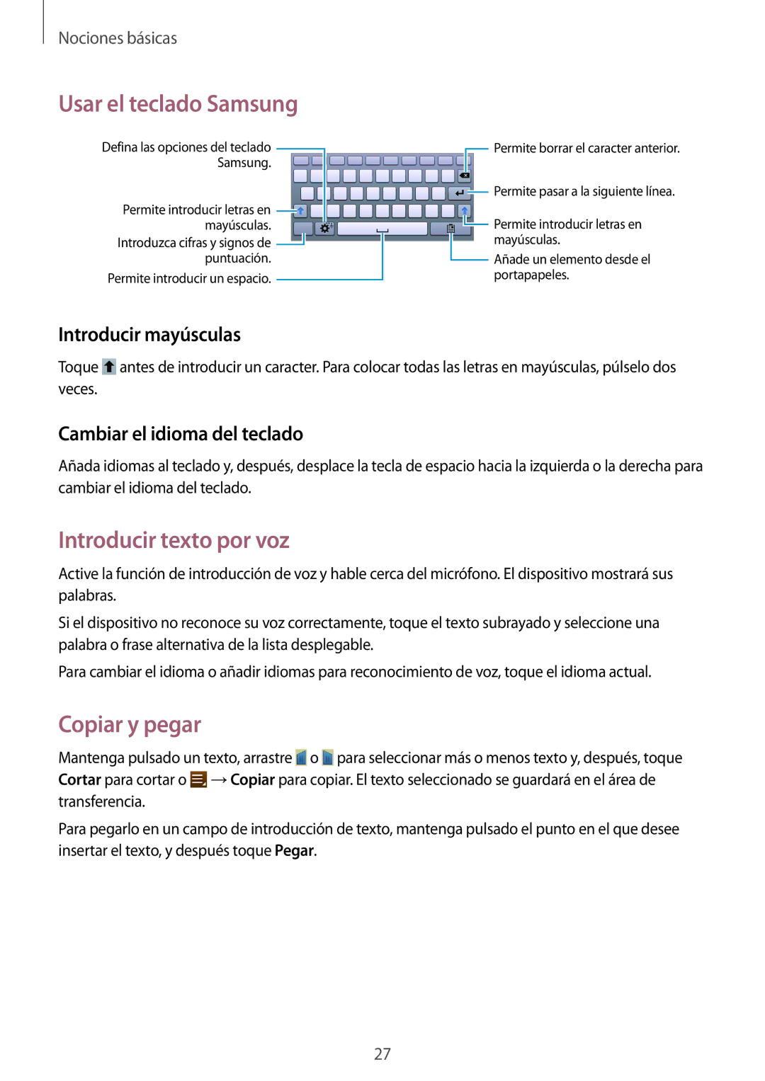 Samsung SM-T2100ZWAPHN manual Usar el teclado Samsung, Introducir texto por voz, Copiar y pegar, Introducir mayúsculas 