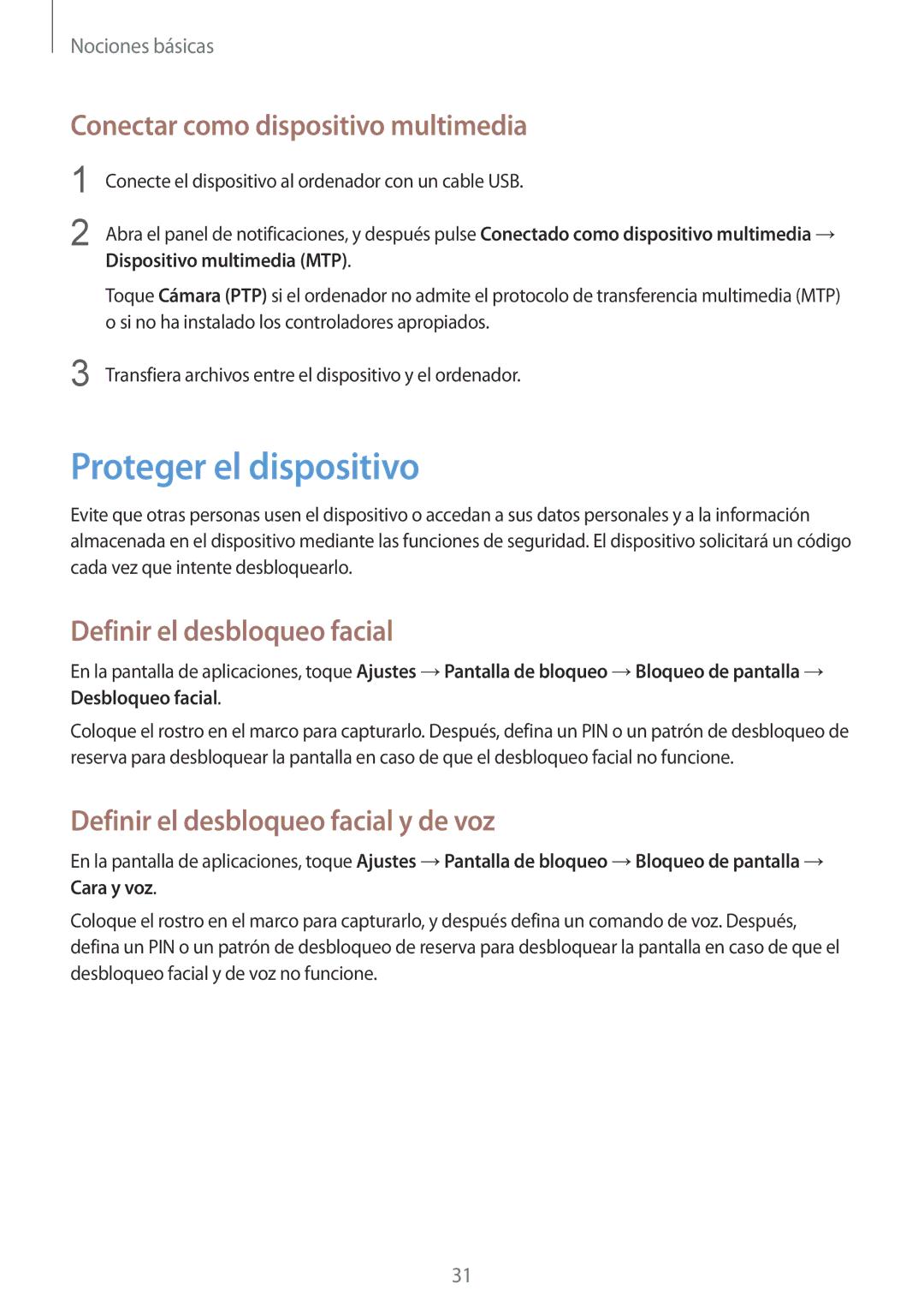 Samsung SM-T2100ZWAXEO manual Proteger el dispositivo, Conectar como dispositivo multimedia, Definir el desbloqueo facial 