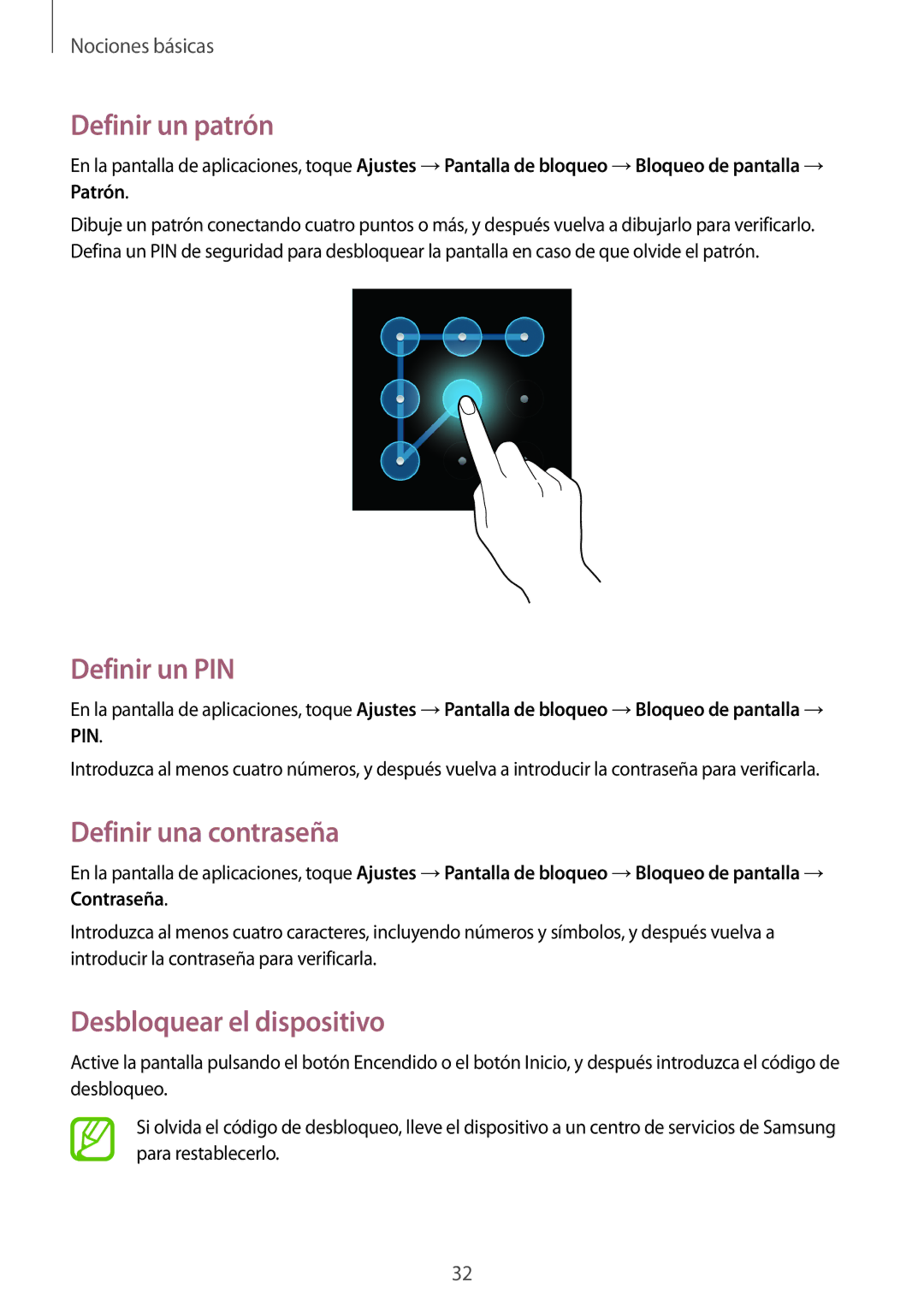 Samsung SM-T2100ZWATPH manual Definir un patrón, Definir un PIN, Definir una contraseña, Desbloquear el dispositivo 