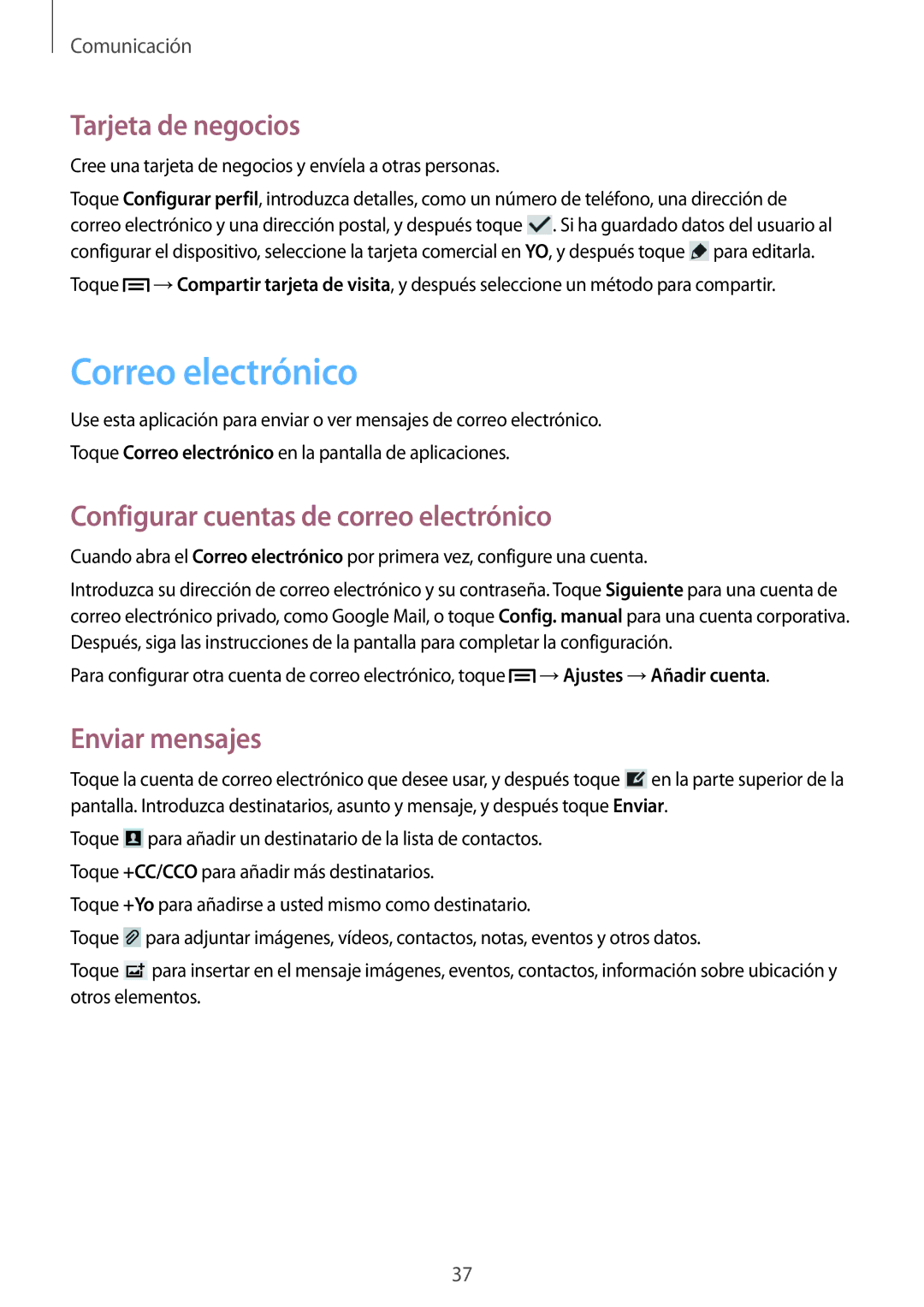 Samsung SM-T2100ZWAPHN Correo electrónico, Tarjeta de negocios, Configurar cuentas de correo electrónico, Enviar mensajes 