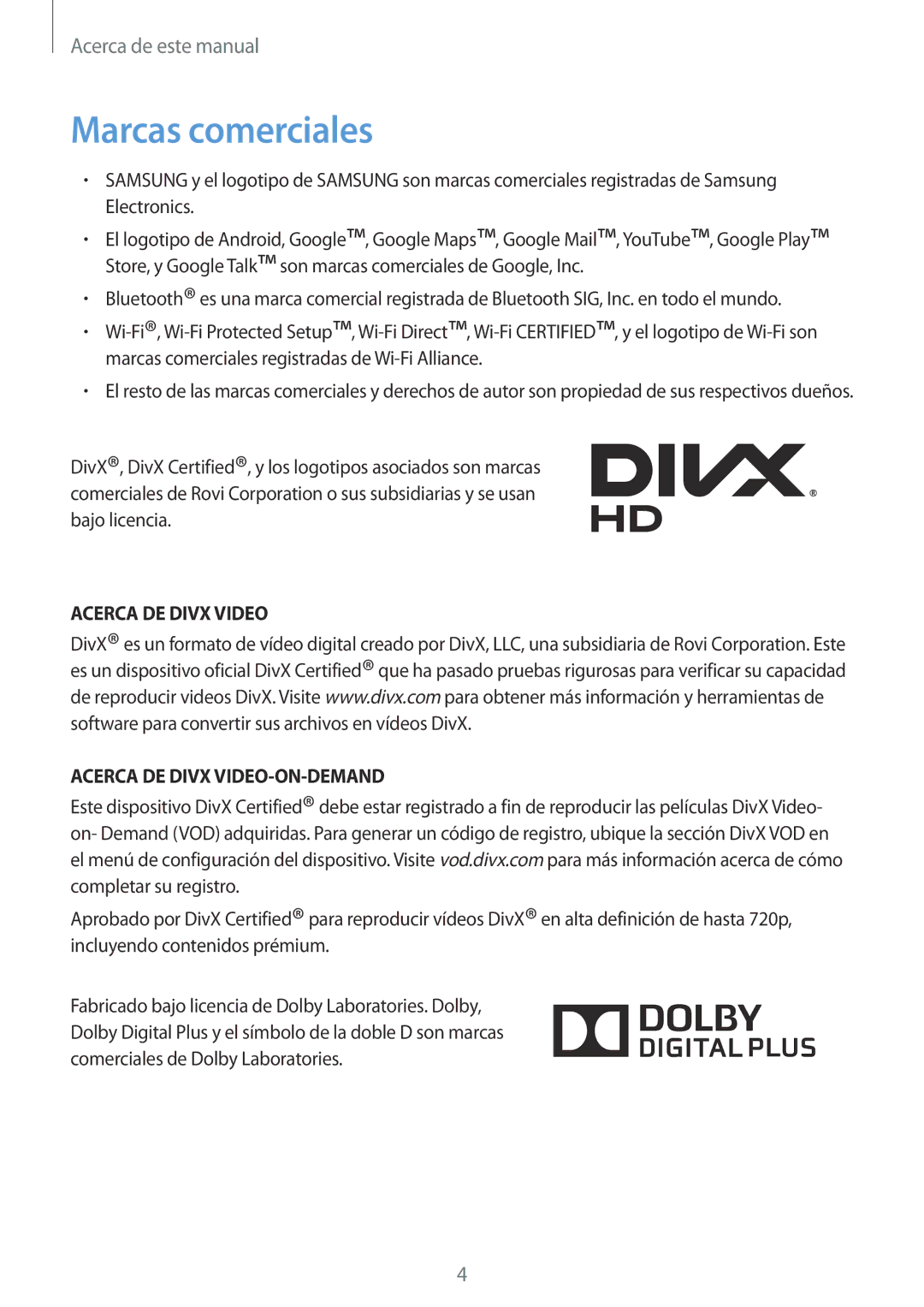 Samsung SM-T2100ZWAXET, SM-T2100MKADBT manual Marcas comerciales, Acerca DE Divx Video Acerca DE Divx VIDEO-ON-DEMAND 