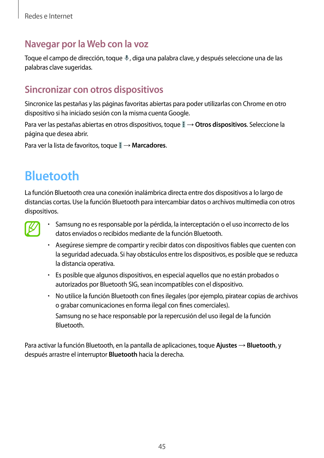 Samsung SM-T2100ZWAITV, SM-T2100MKADBT, SM-T2100ZWAXEO, SM-T2100ZWATPH manual Bluetooth, Sincronizar con otros dispositivos 