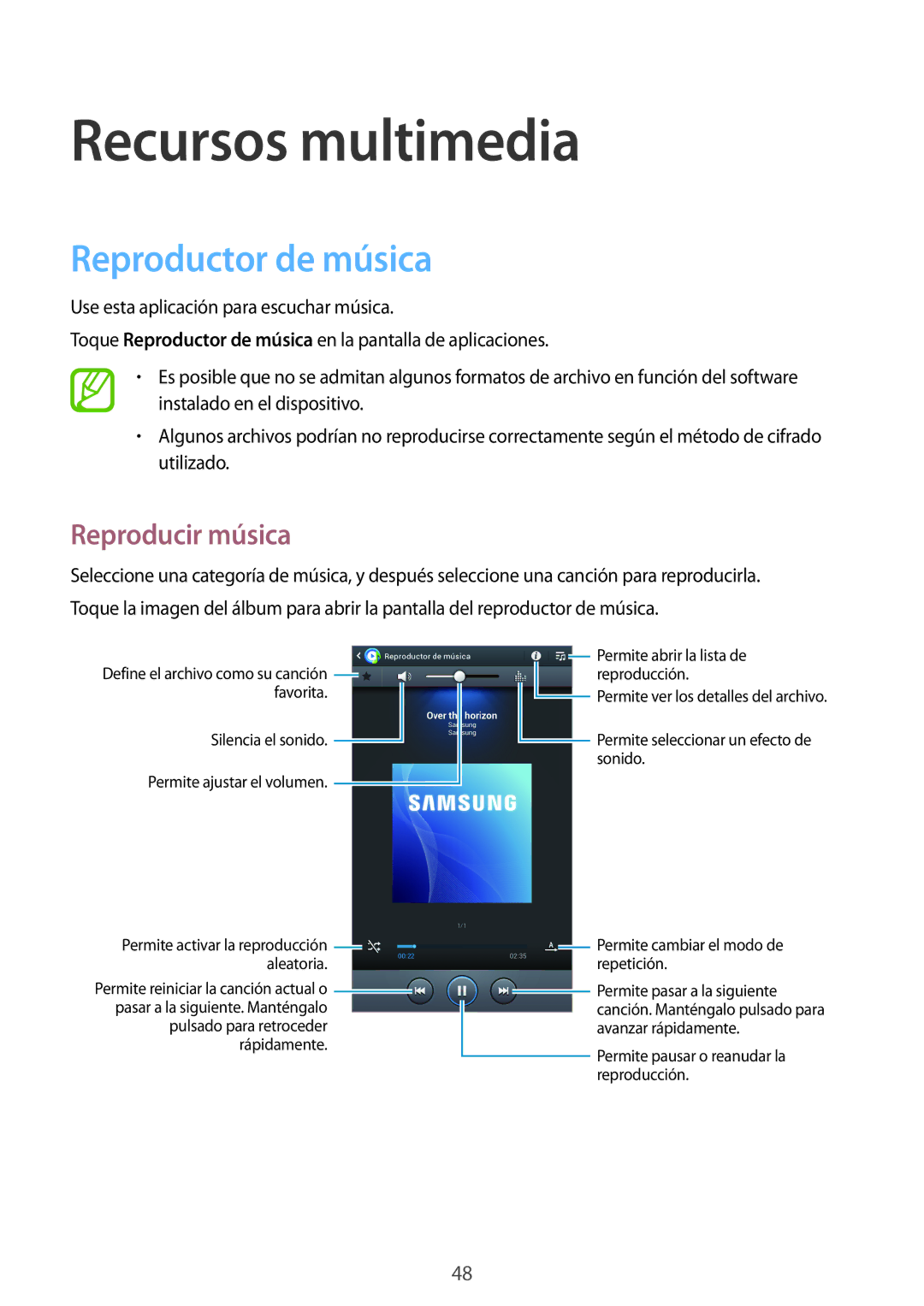 Samsung SM-T2100GNAPHE, SM-T2100MKADBT, SM-T2100ZWAXEO manual Recursos multimedia, Reproductor de música, Reproducir música 