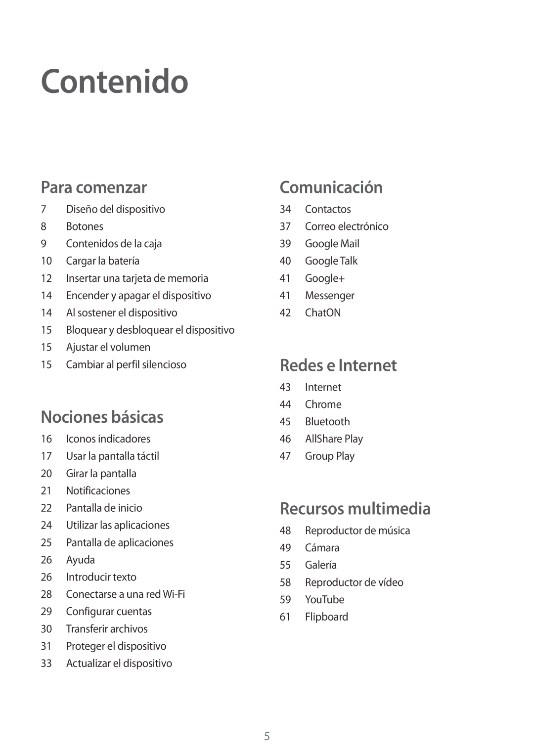 Samsung SM-T2100ZWAITV, SM-T2100MKADBT, SM-T2100ZWAXEO, SM-T2100ZWATPH, SM-T2100MKATPH manual Contenido, Para comenzar 