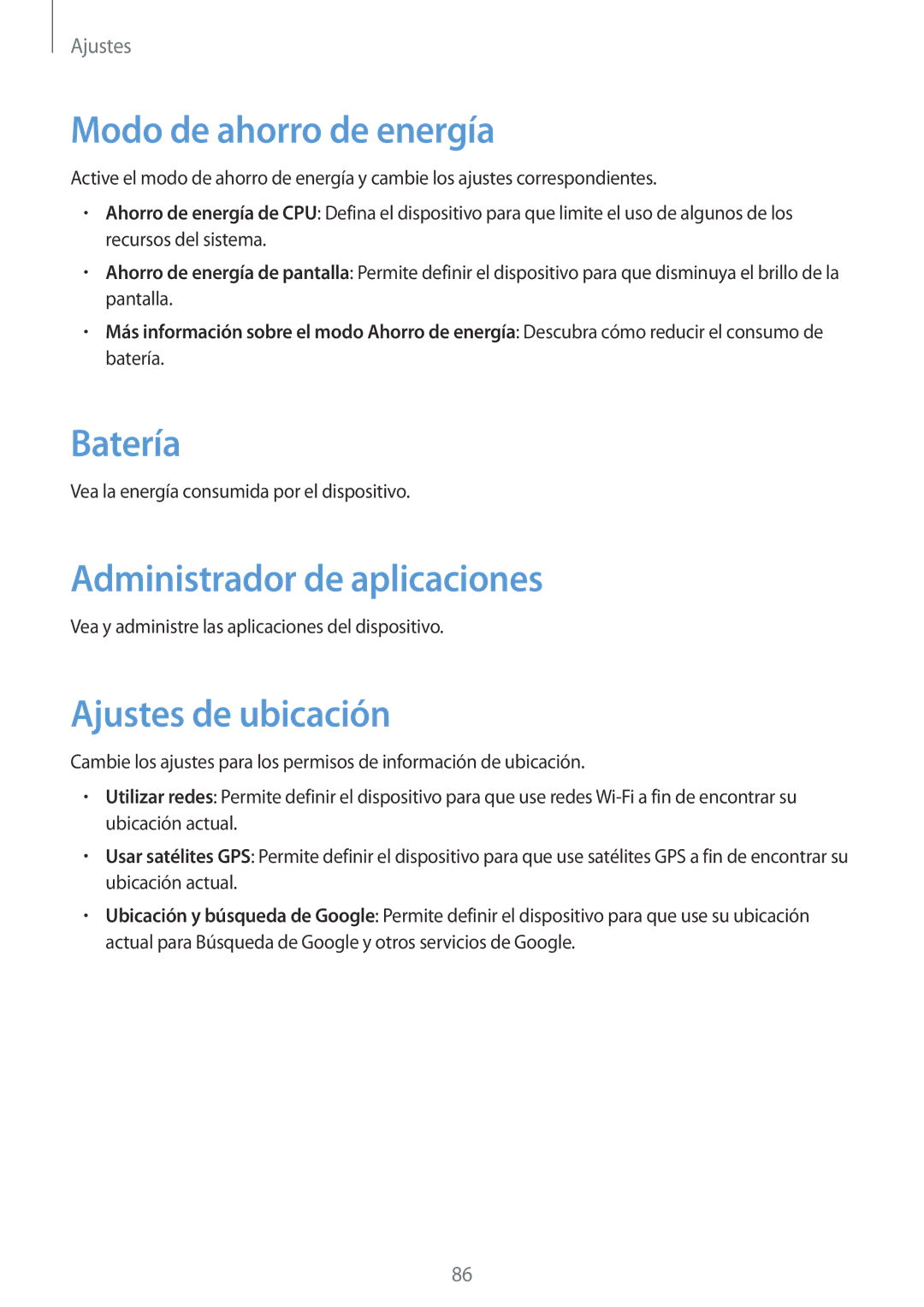 Samsung SM-T2100MKAPHE manual Modo de ahorro de energía, Batería, Administrador de aplicaciones, Ajustes de ubicación 