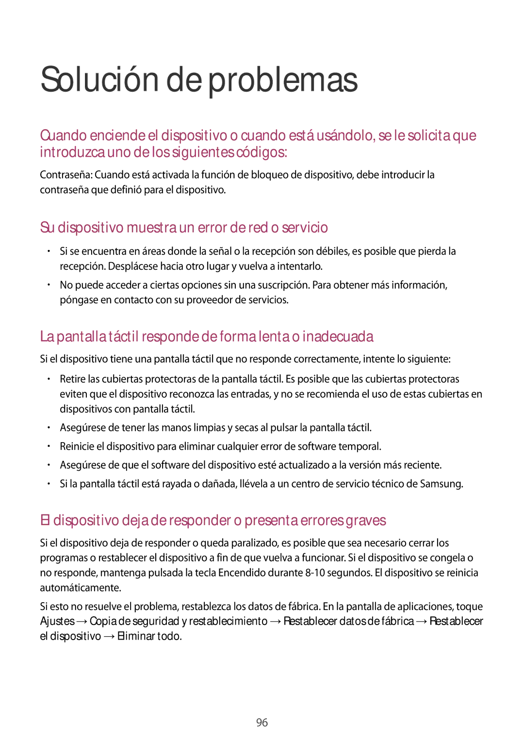 Samsung SM-T2100MKAPHE, SM-T2100MKADBT manual Solución de problemas, Su dispositivo muestra un error de red o servicio 