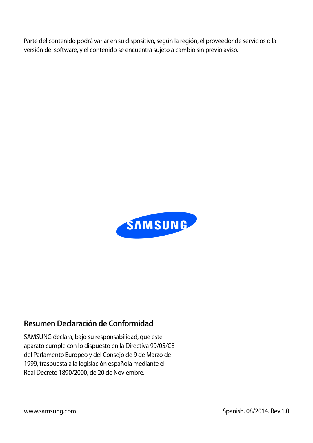 Samsung SM-T2100ZWATPH, SM-T2100MKADBT, SM-T2100ZWAXEO manual Resumen Declaración de Conformidad, Spanish. 08/2014. Rev.1.0 