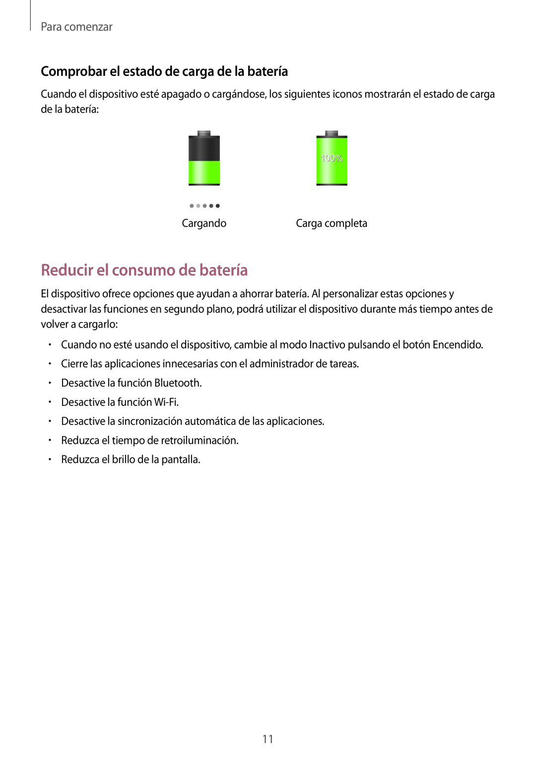 Samsung SM-T2100ZWAXEO manual Reducir el consumo de batería, Comprobar el estado de carga de la batería, Para comenzar 