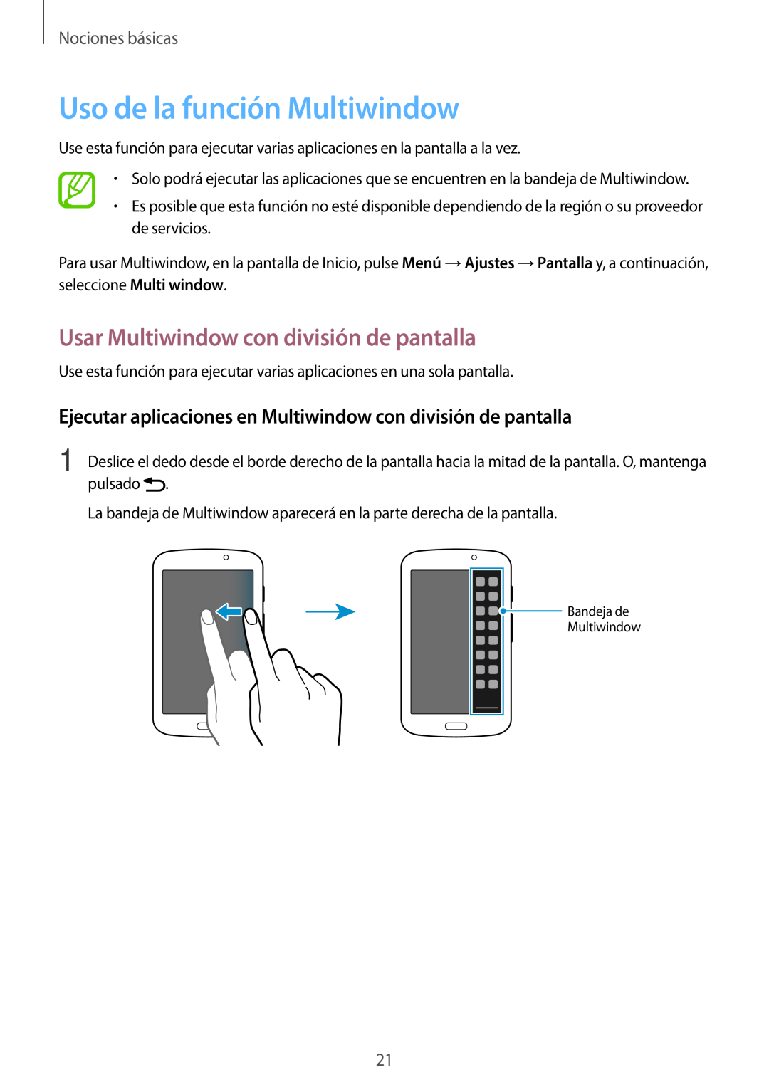 Samsung SM-T2100ZWAXEO manual Uso de la función Multiwindow, Usar Multiwindow con división de pantalla, Nociones básicas 
