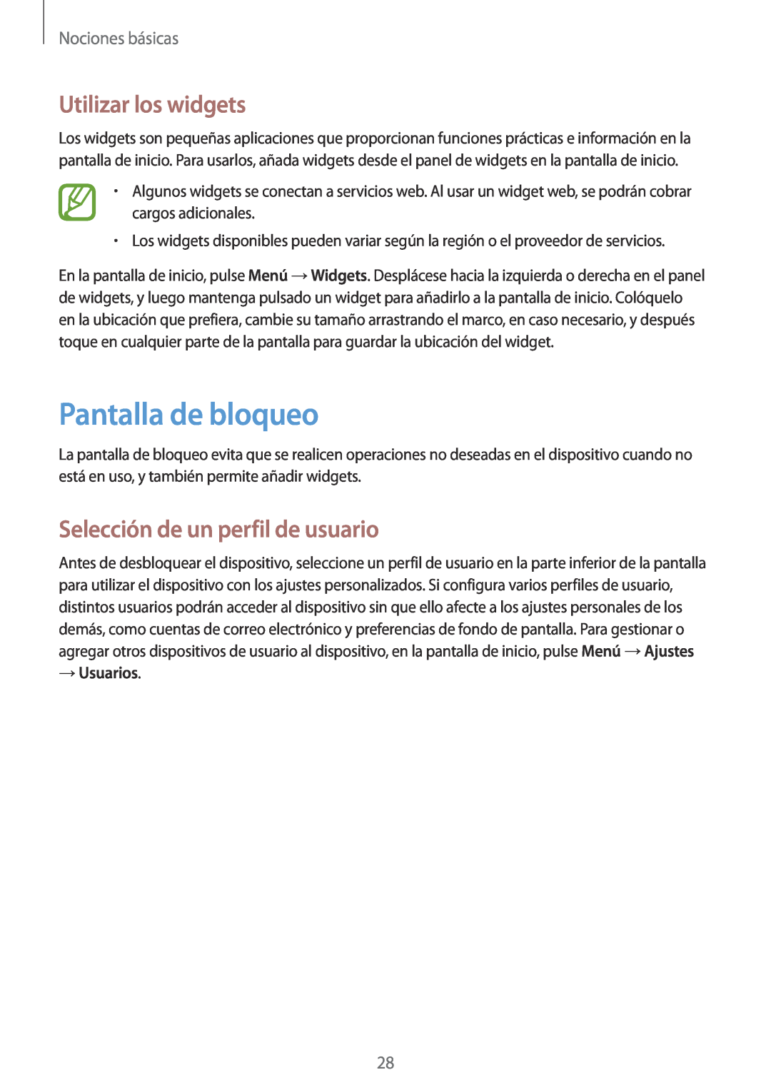Samsung SM-T2100GNAPHE manual Pantalla de bloqueo, Utilizar los widgets, Selección de un perfil de usuario, → Usuarios 