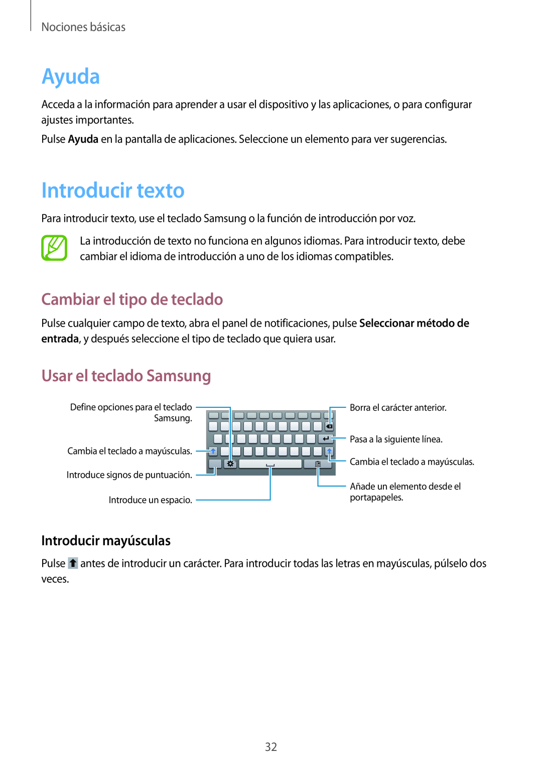 Samsung SM-T2100ZWATPH Ayuda, Introducir texto, Cambiar el tipo de teclado, Usar el teclado Samsung, Introducir mayúsculas 