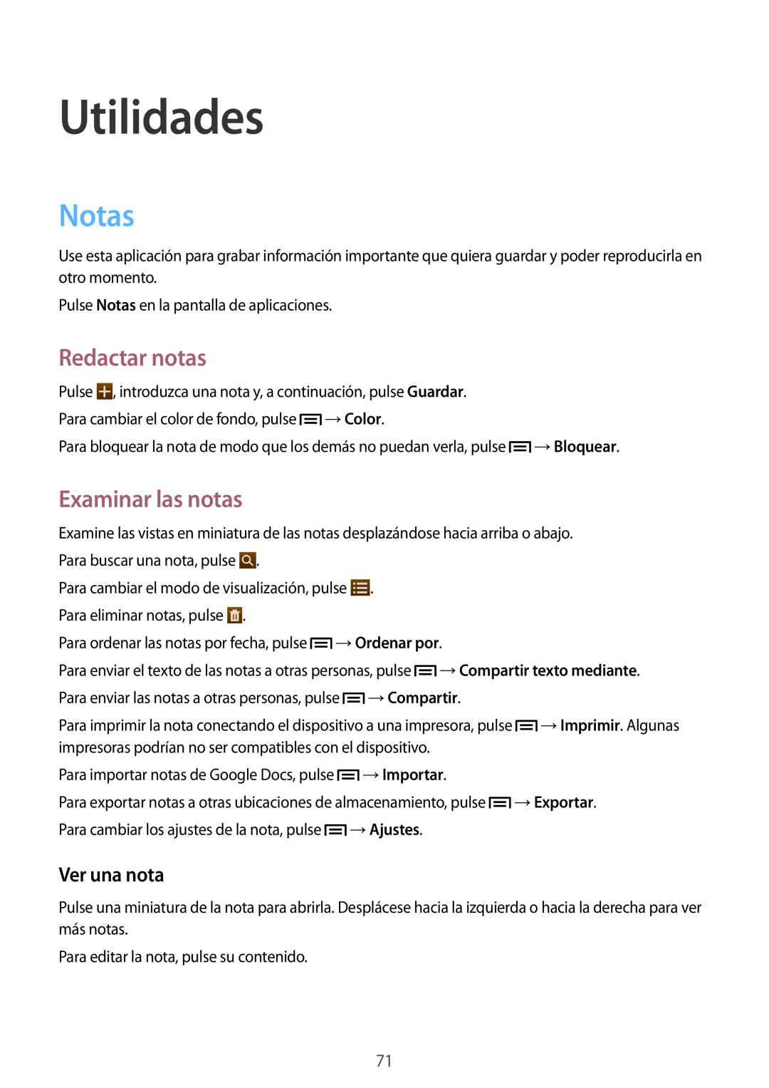Samsung SM-T2100ZWAXEO manual Utilidades, Notas, Redactar notas, Examinar las notas, Ver una nota, →Ordenar por, →Compartir 
