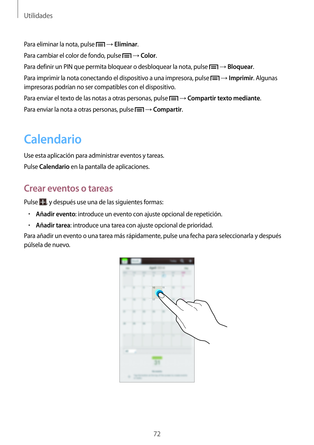 Samsung SM-T2100ZWATPH manual Calendario, Crear eventos o tareas, Utilidades, →Eliminar, →Color, →Bloquear, →Compartir 
