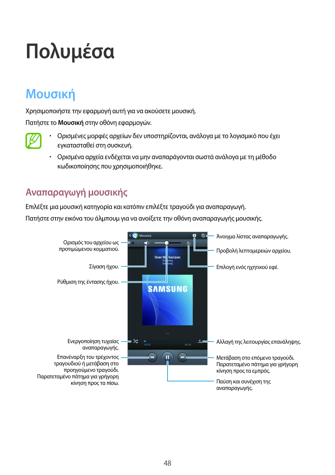 Samsung SM-T2100MKAEUR, SM-T2100ZWAEUR manual Πολυμέσα, Μουσική, Αναπαραγωγή μουσικής 