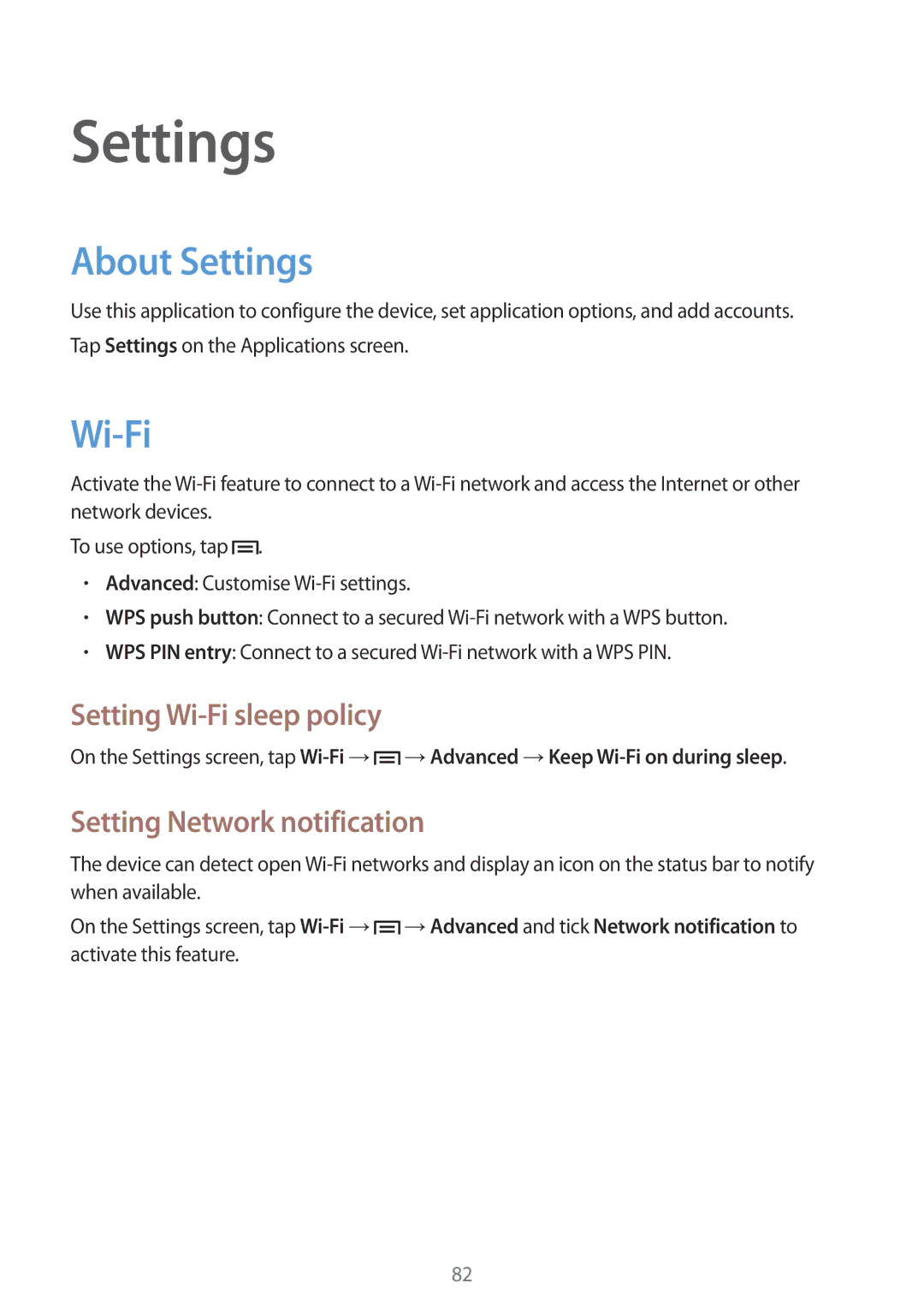 Samsung SM-T2100GRAXEF, SM-T2100ZWAATO About Settings, Setting Wi-Fi sleep policy, Setting Network notification 