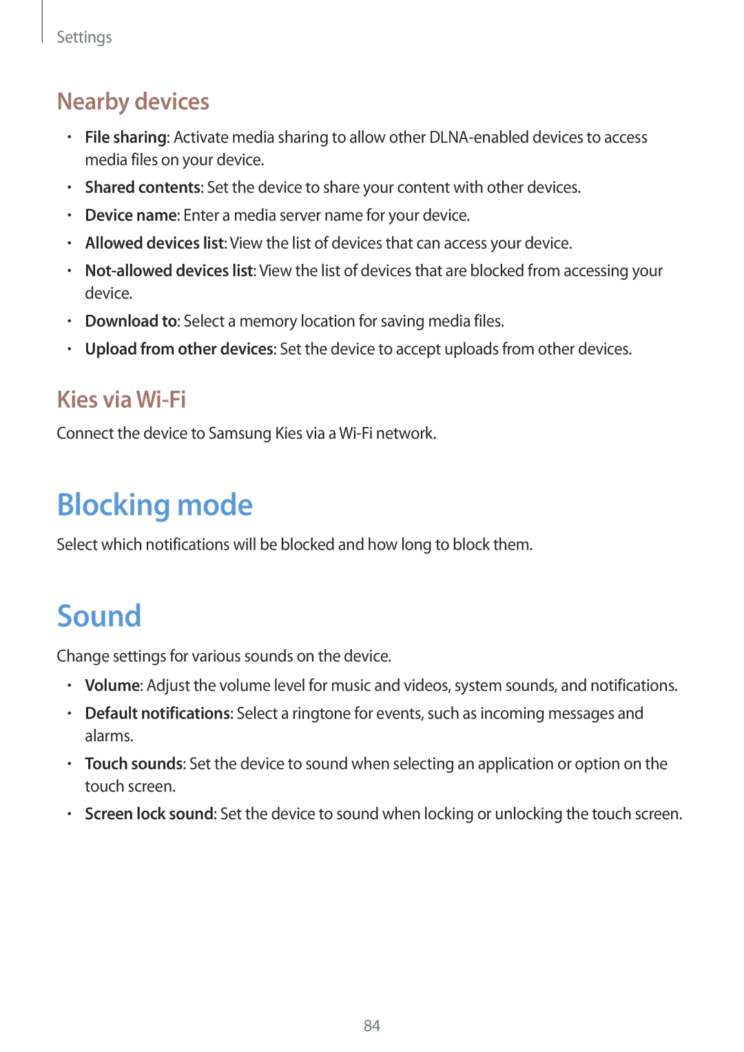 Samsung SM-T2100MKAXEF, SM-T2100ZWAATO, SM-T2100GNAATO, SM-T2100MKADBT Blocking mode, Sound, Nearby devices, Kies via Wi-Fi 